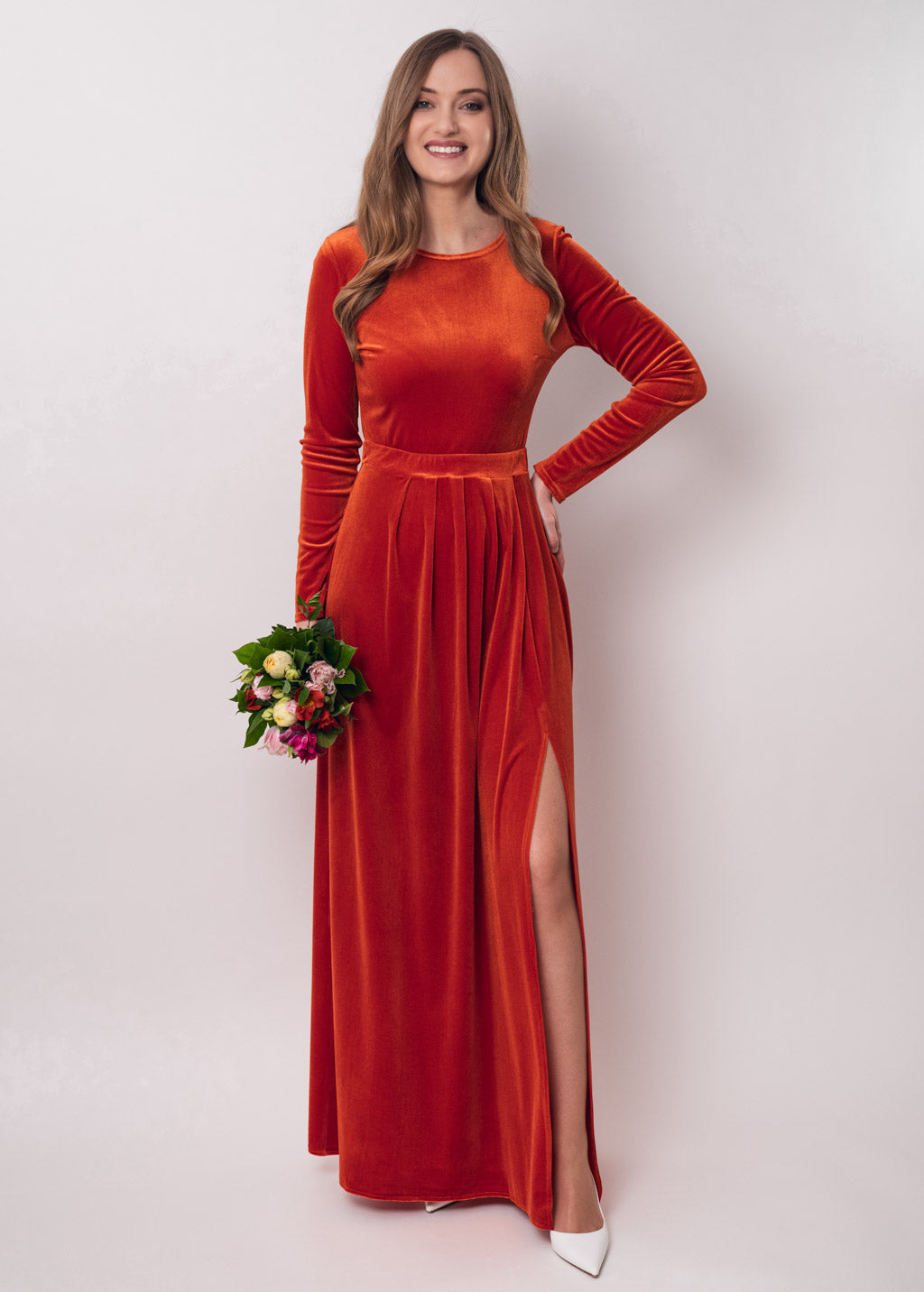 Rust orange velvet slit dress