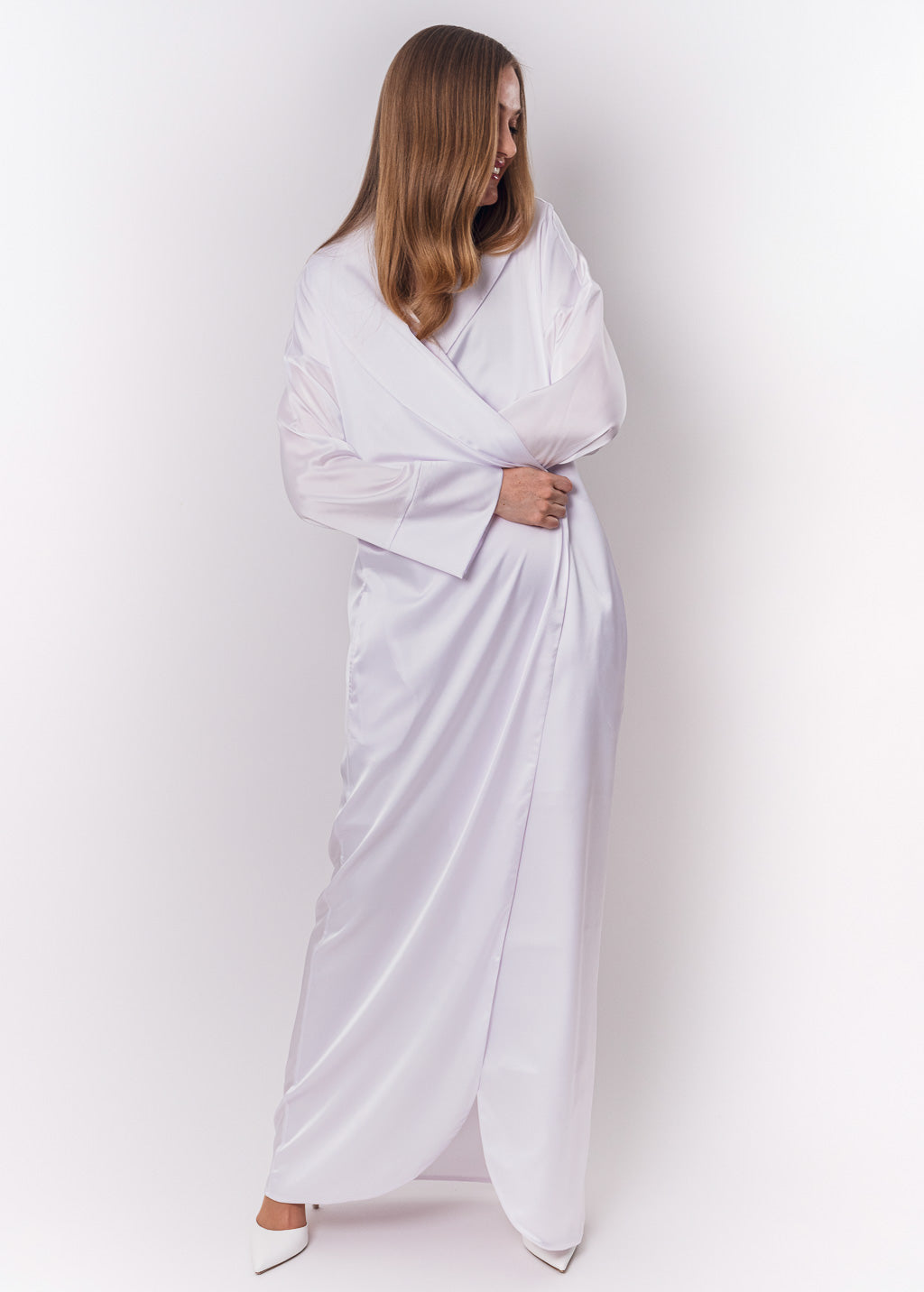 White long silk robe with pockets