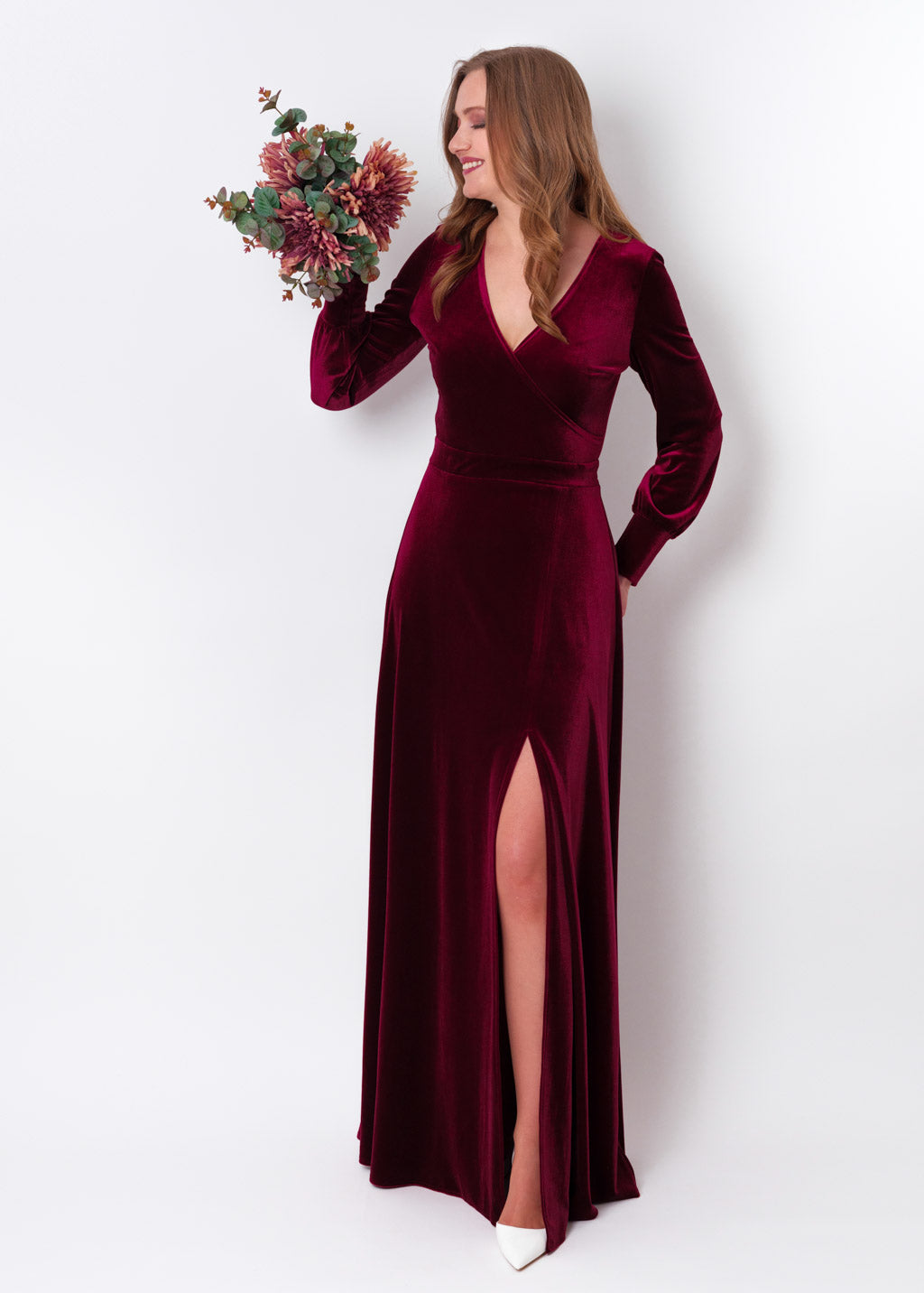 Plum burgundy velvet long wrap slit dress