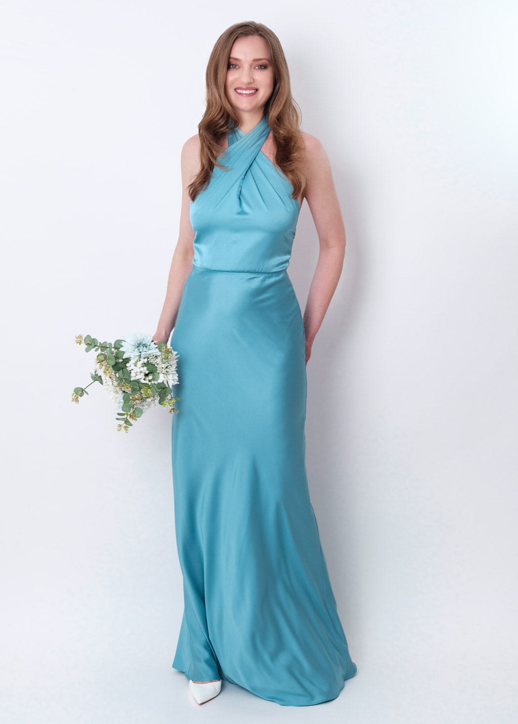 Dusty blue silk long halter dress