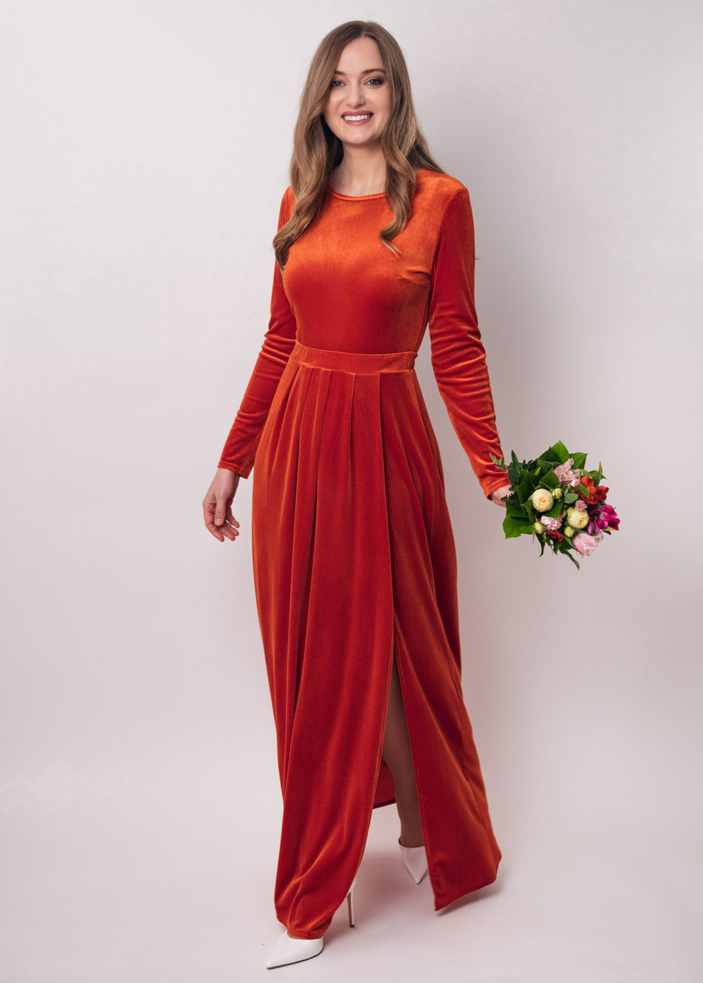 Rust orange velvet long dress