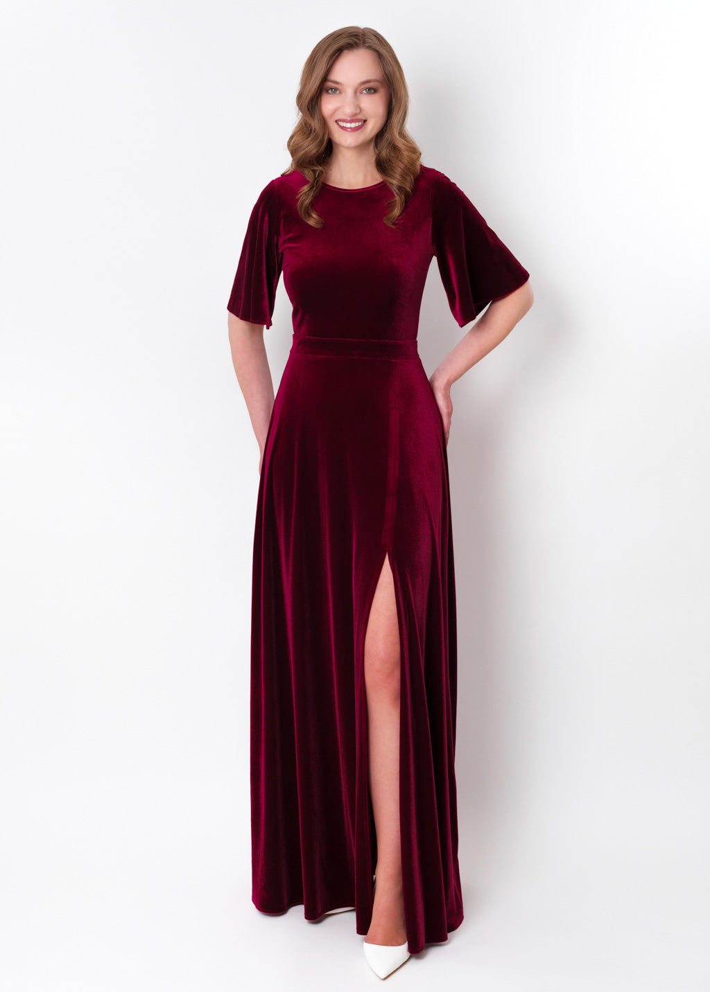 Burgundy velvet long slit dress