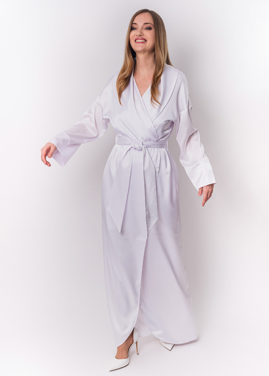 White long silk robe with pockets