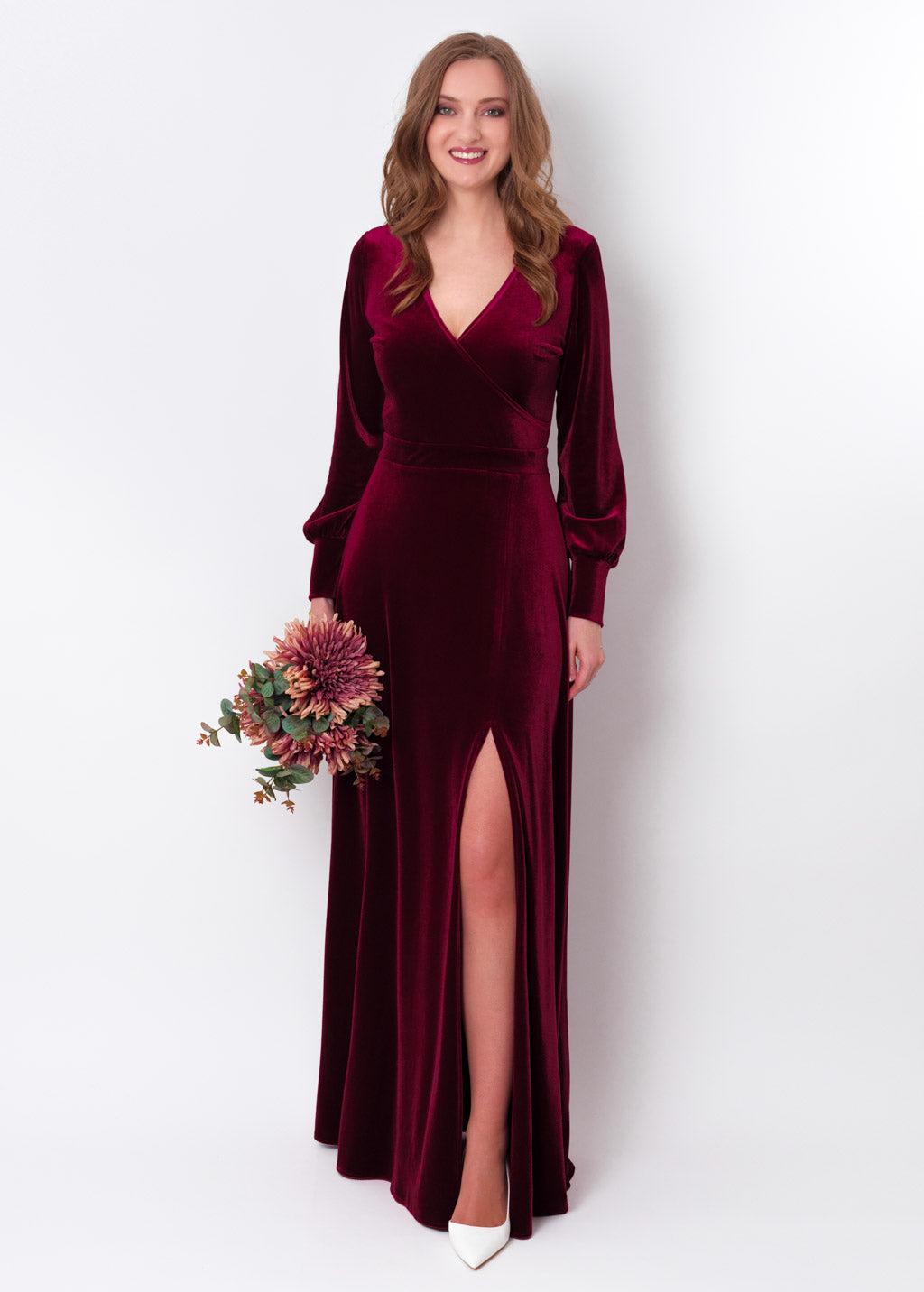 Plum burgundy velvet long wrap slit dress