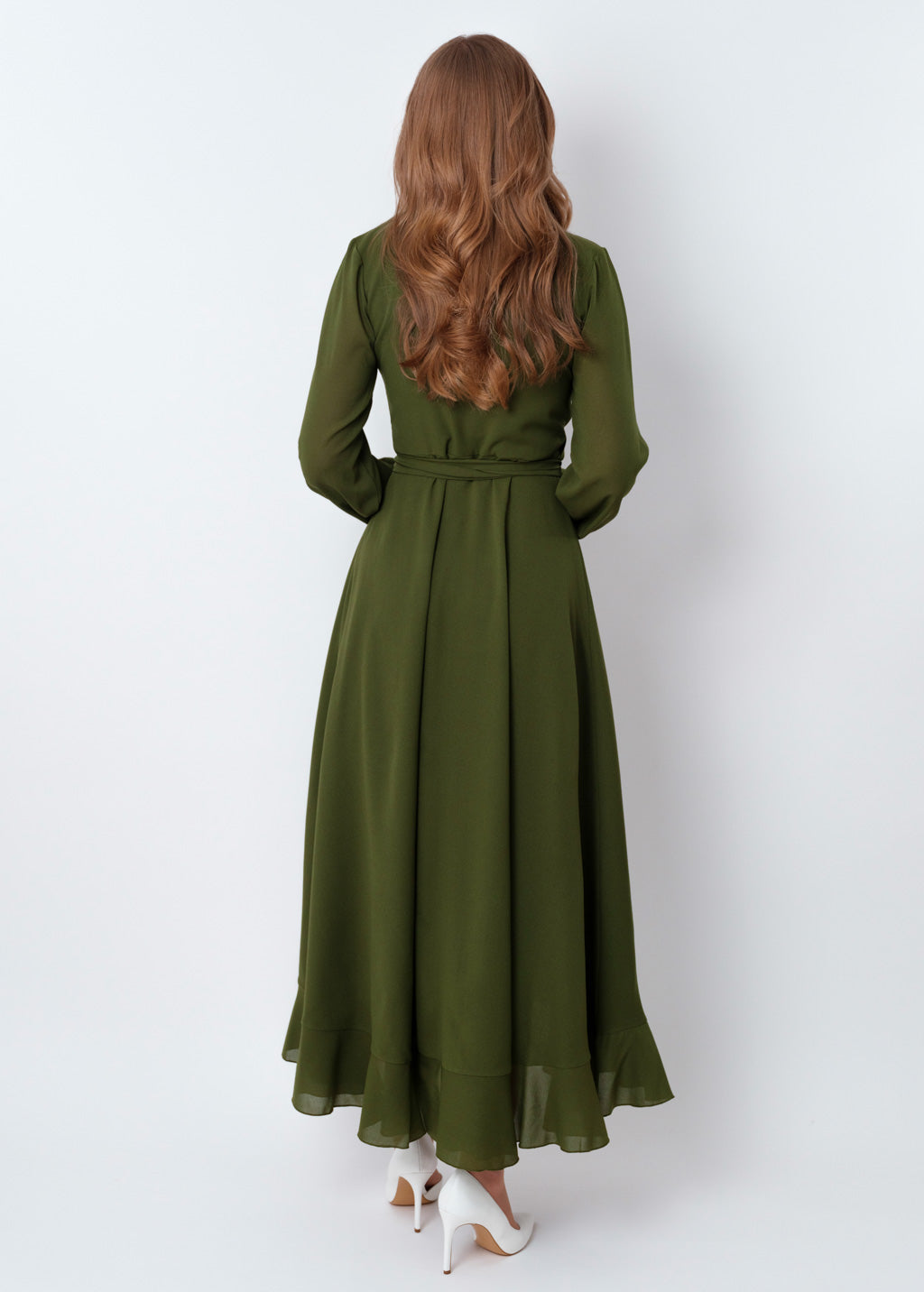 Olive green chiffon wrap dress