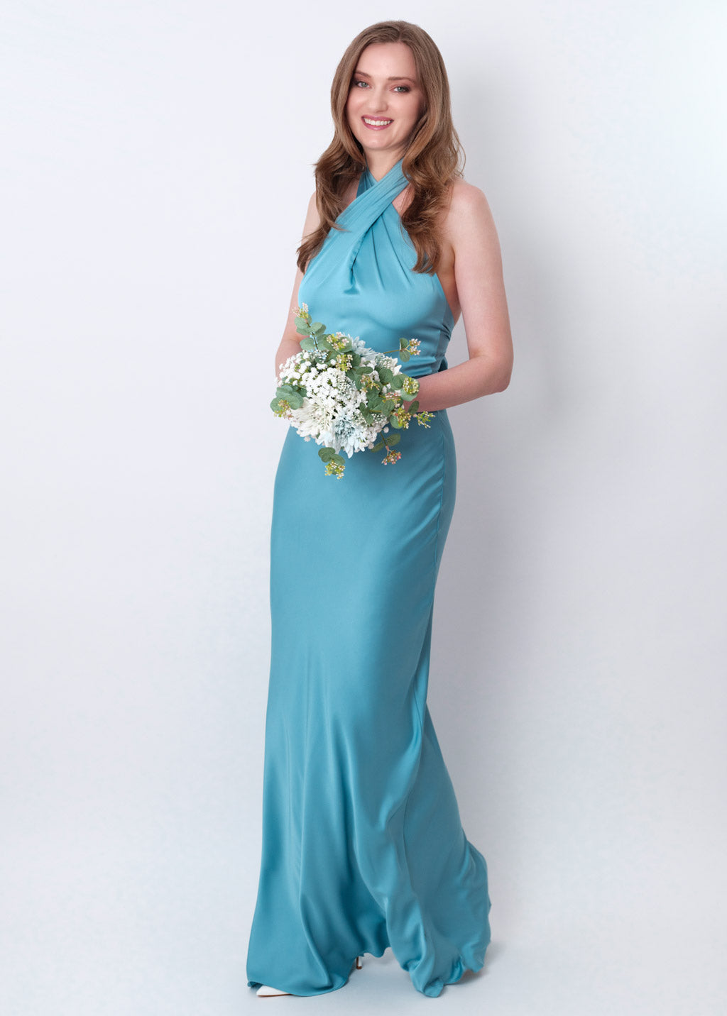 Dusty blue silk long halter dress
