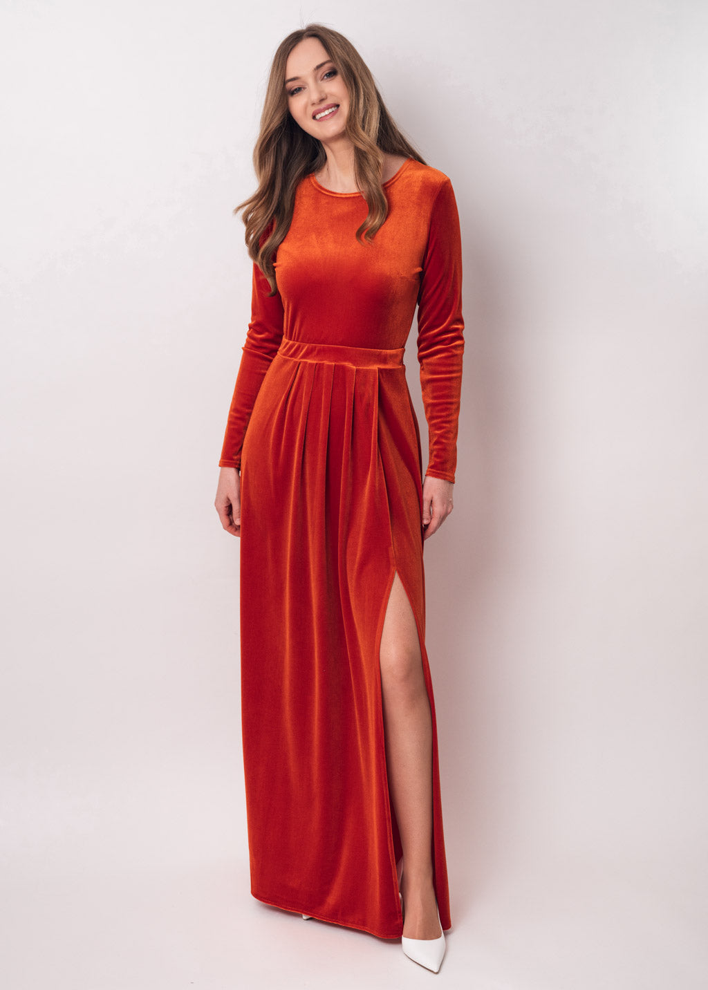 Rust orange velvet slit dress