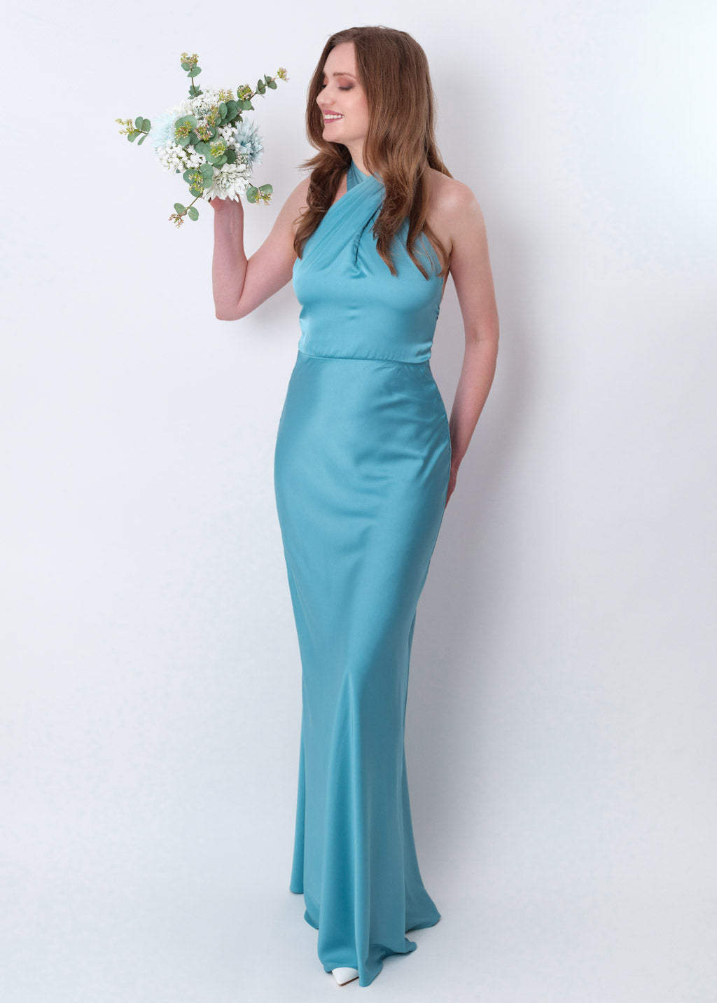 Dusty blue silk long halter dress