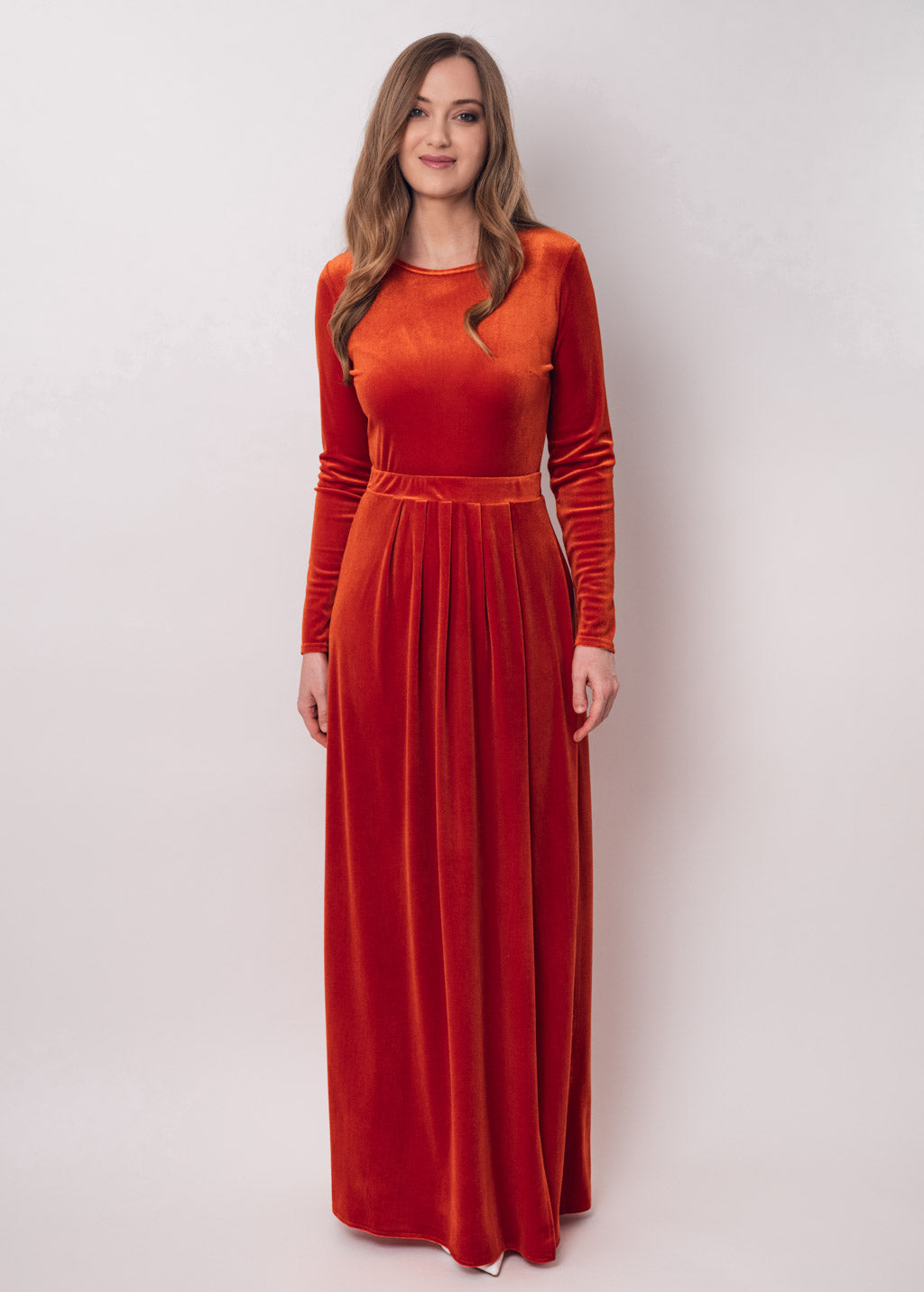 Rust orange velvet slit dress