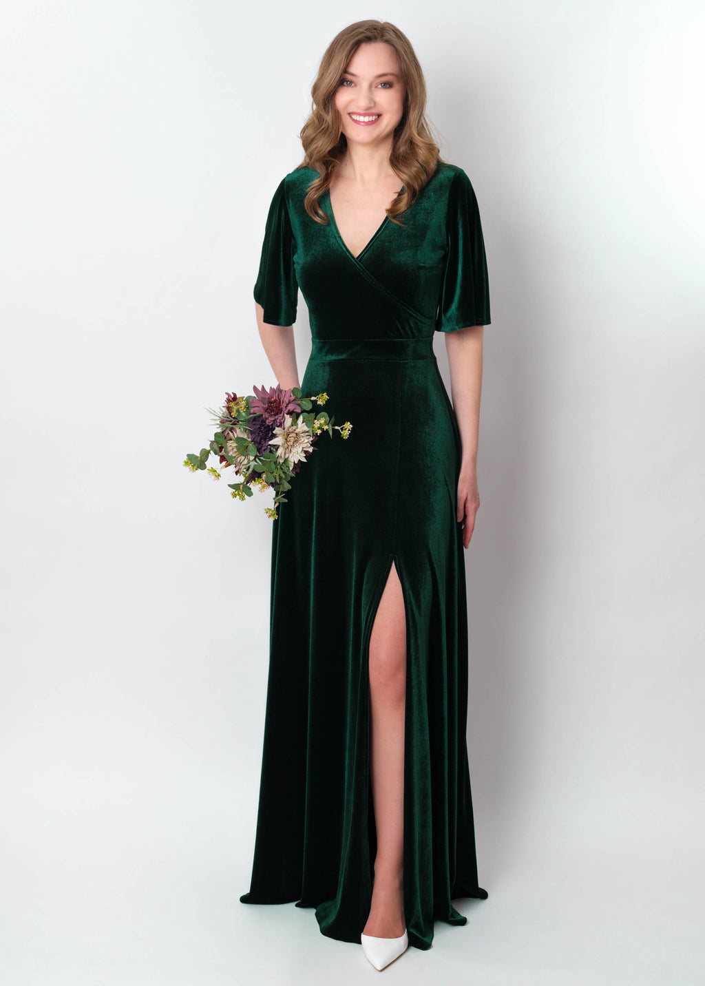 Emerald green velvet wrap slit dress