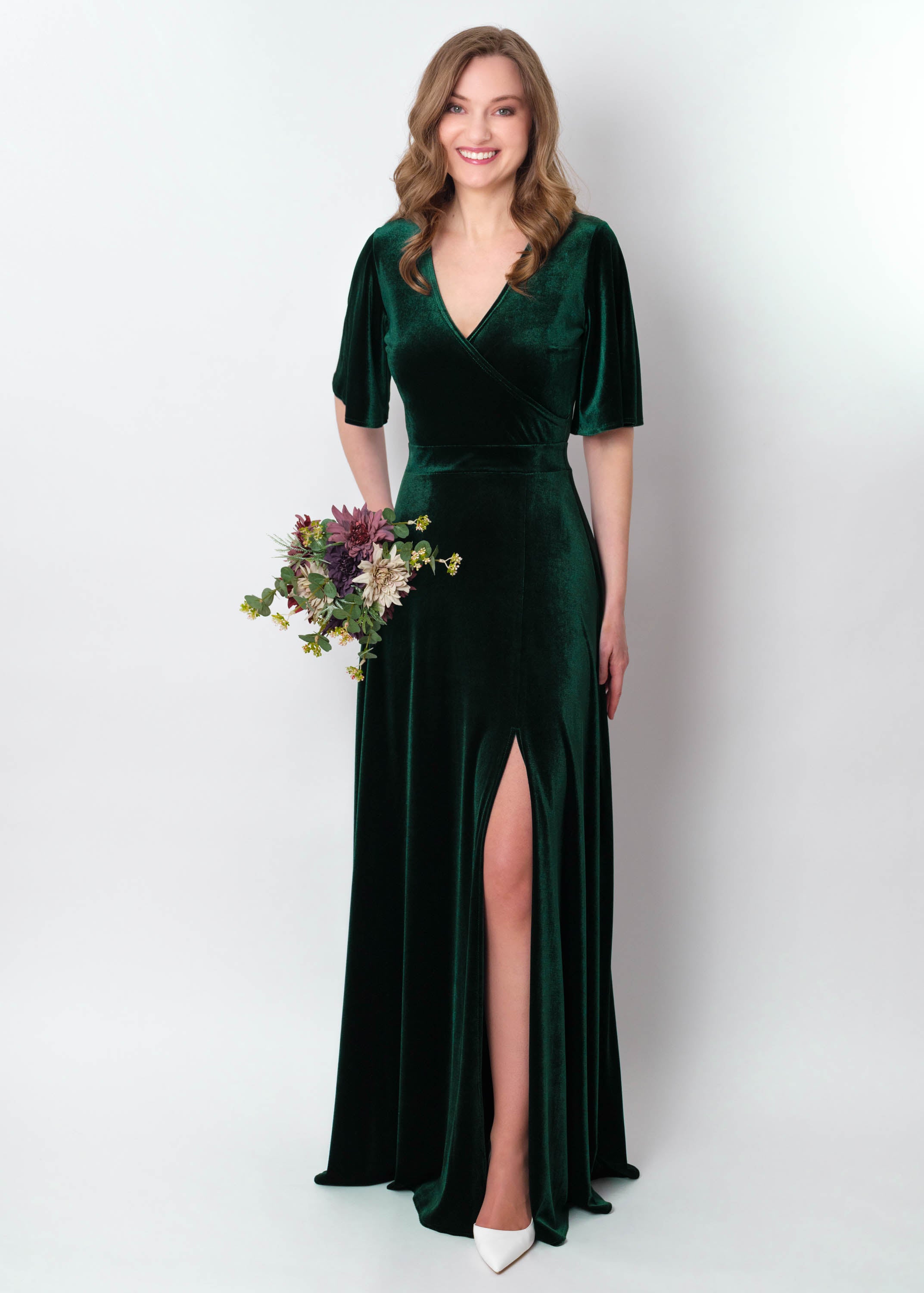 Emerald green velvet wrap slit dress
