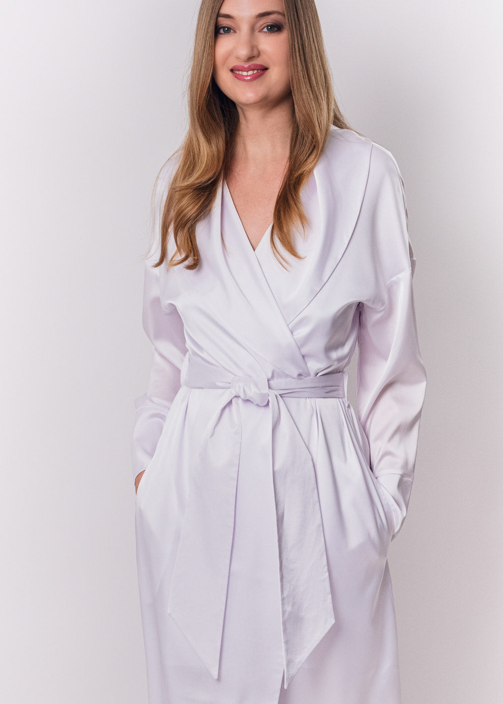 White long silk robe with pockets