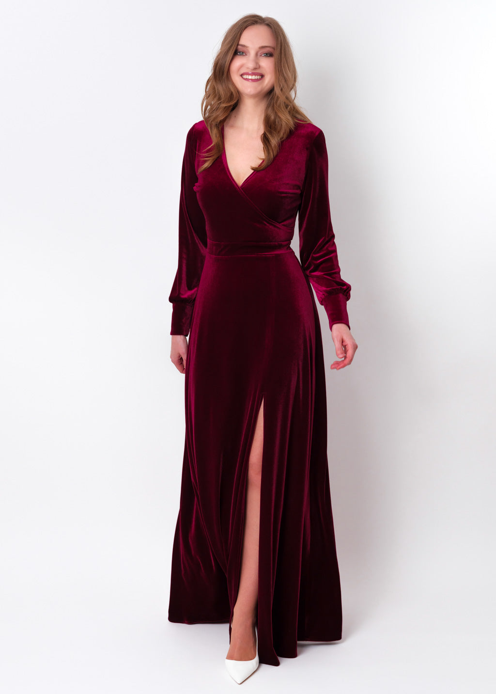 Plum burgundy velvet long wrap slit dress