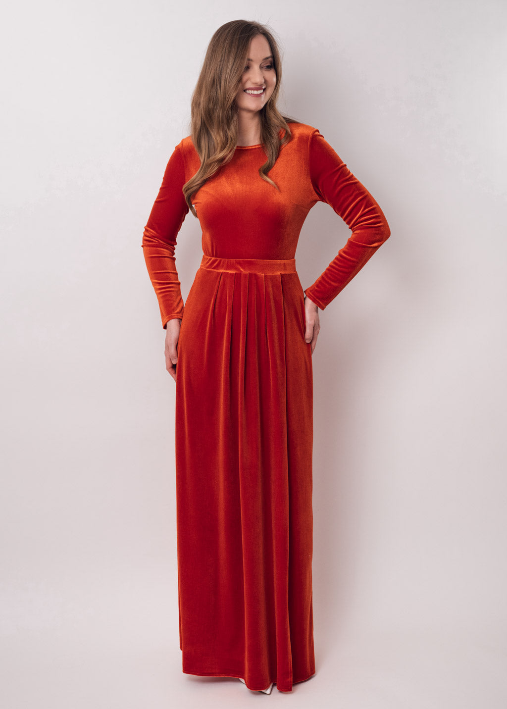 Rust orange velvet slit dress