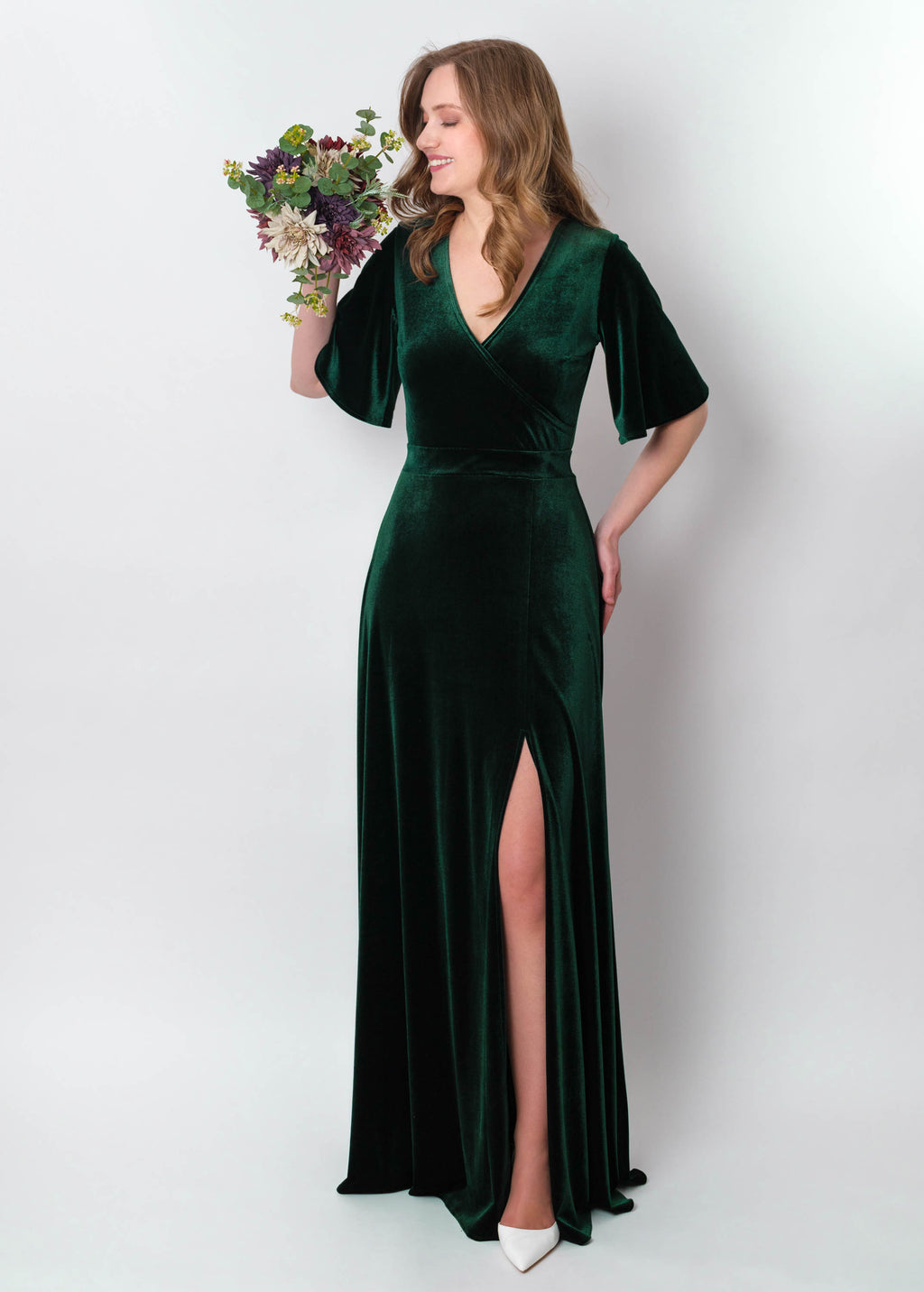 Emerald green velvet wrap slit dress