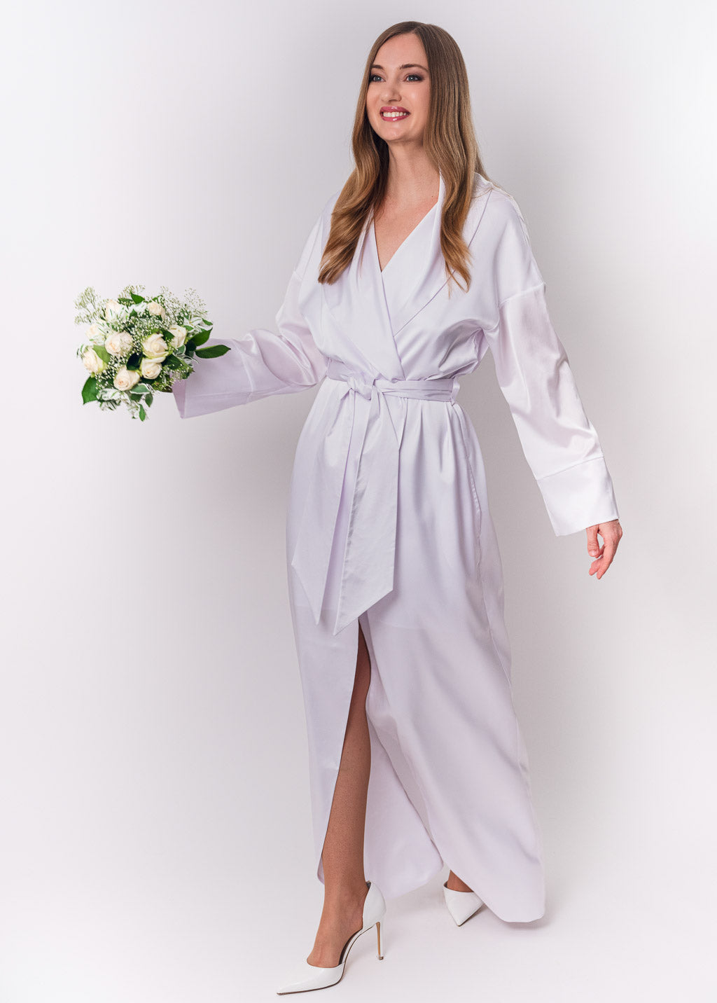 White long silk robe with pockets
