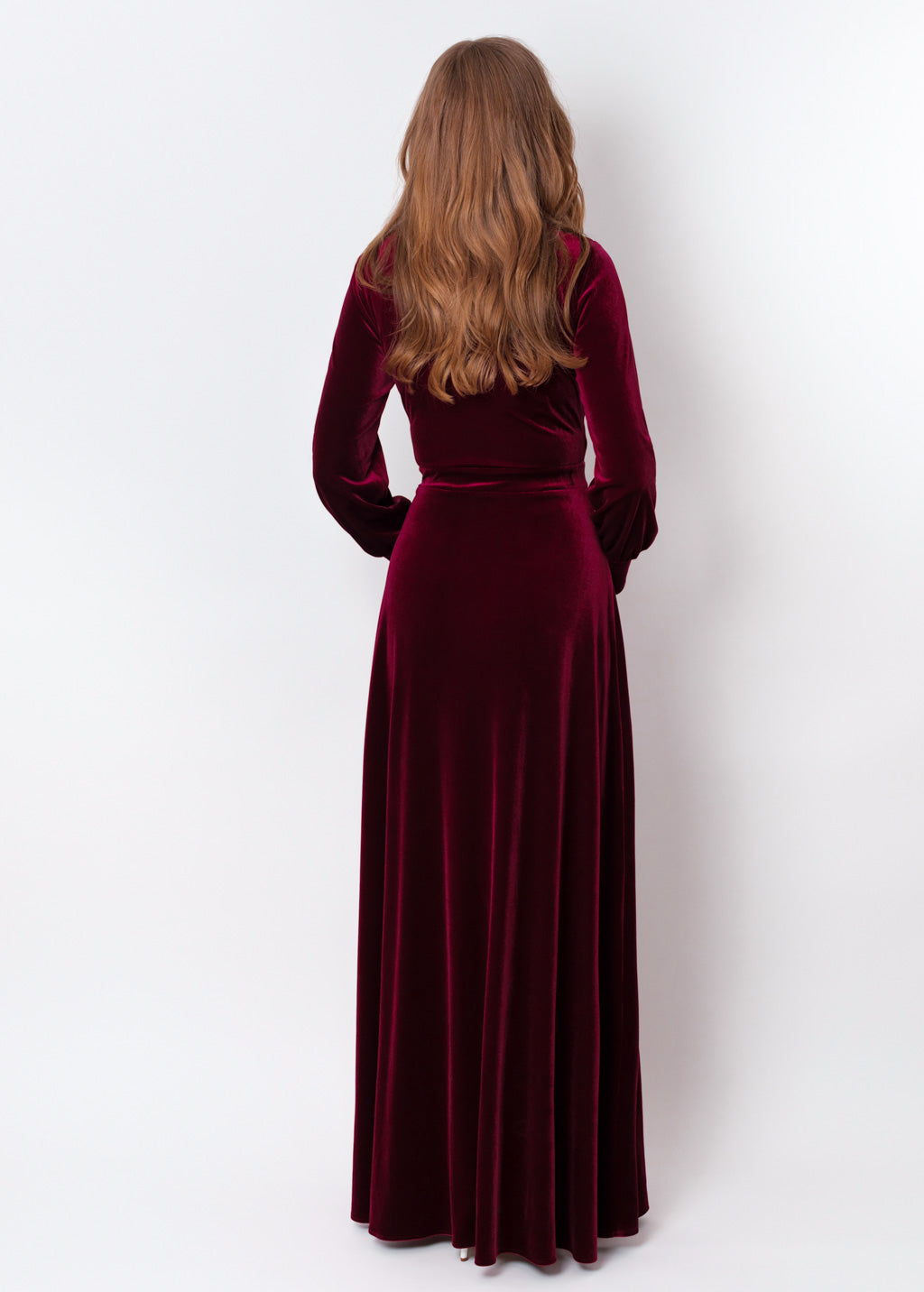Plum burgundy velvet long wrap slit dress