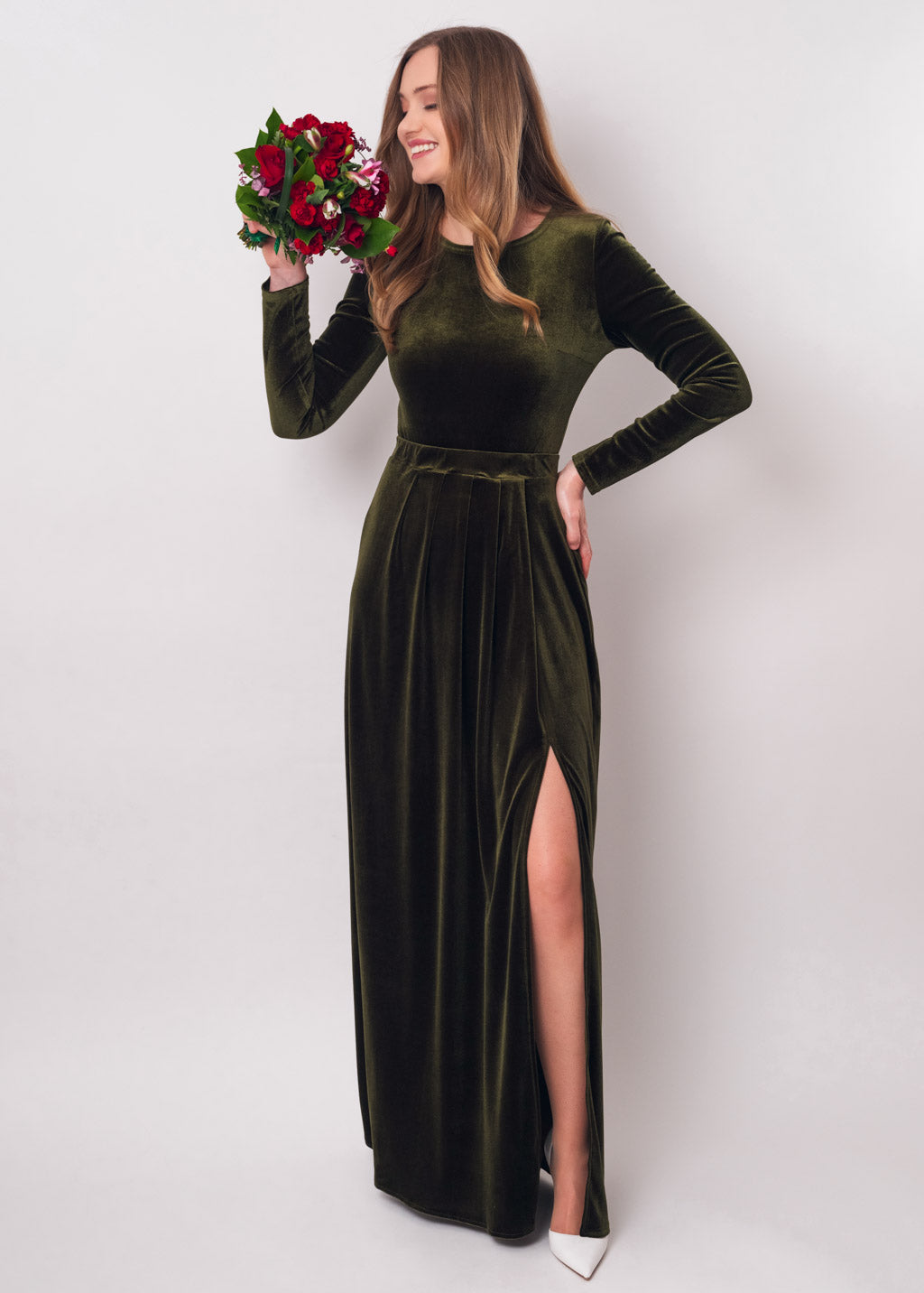 Olive green velvet slit dress