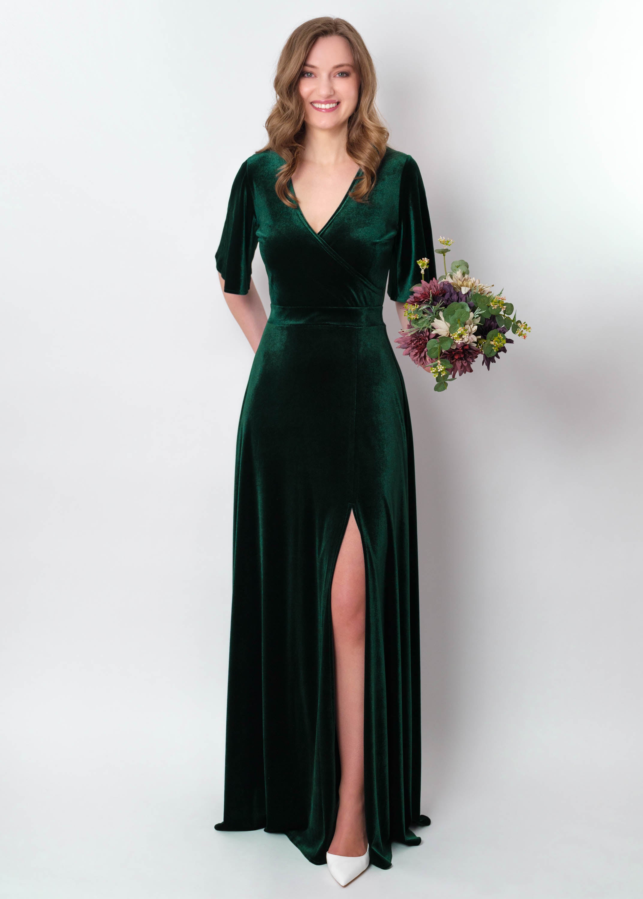 Emerald green velvet wrap slit dress