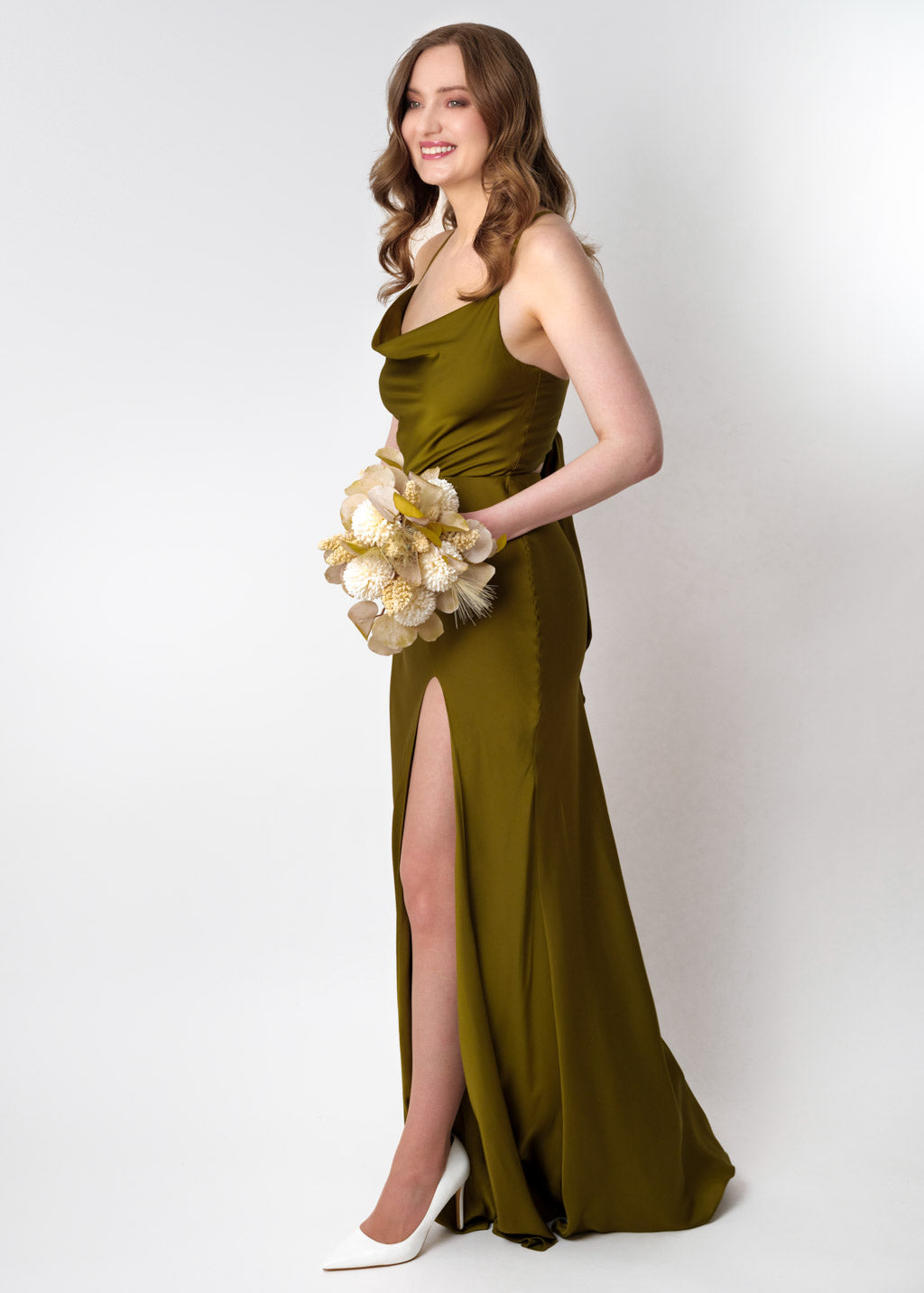 Olive silk slip slit dress