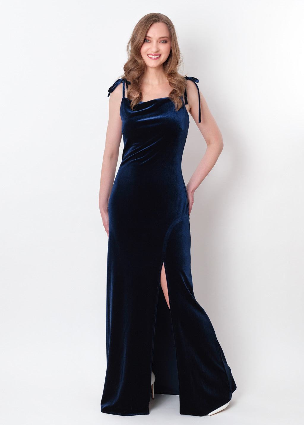 Navy blue slip slit velvet bodycon long dress