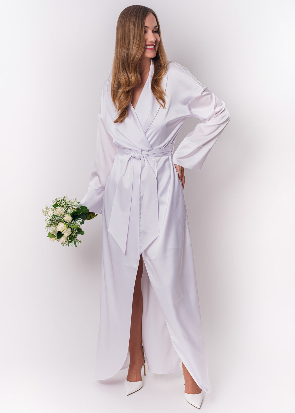 White long silk robe with pockets