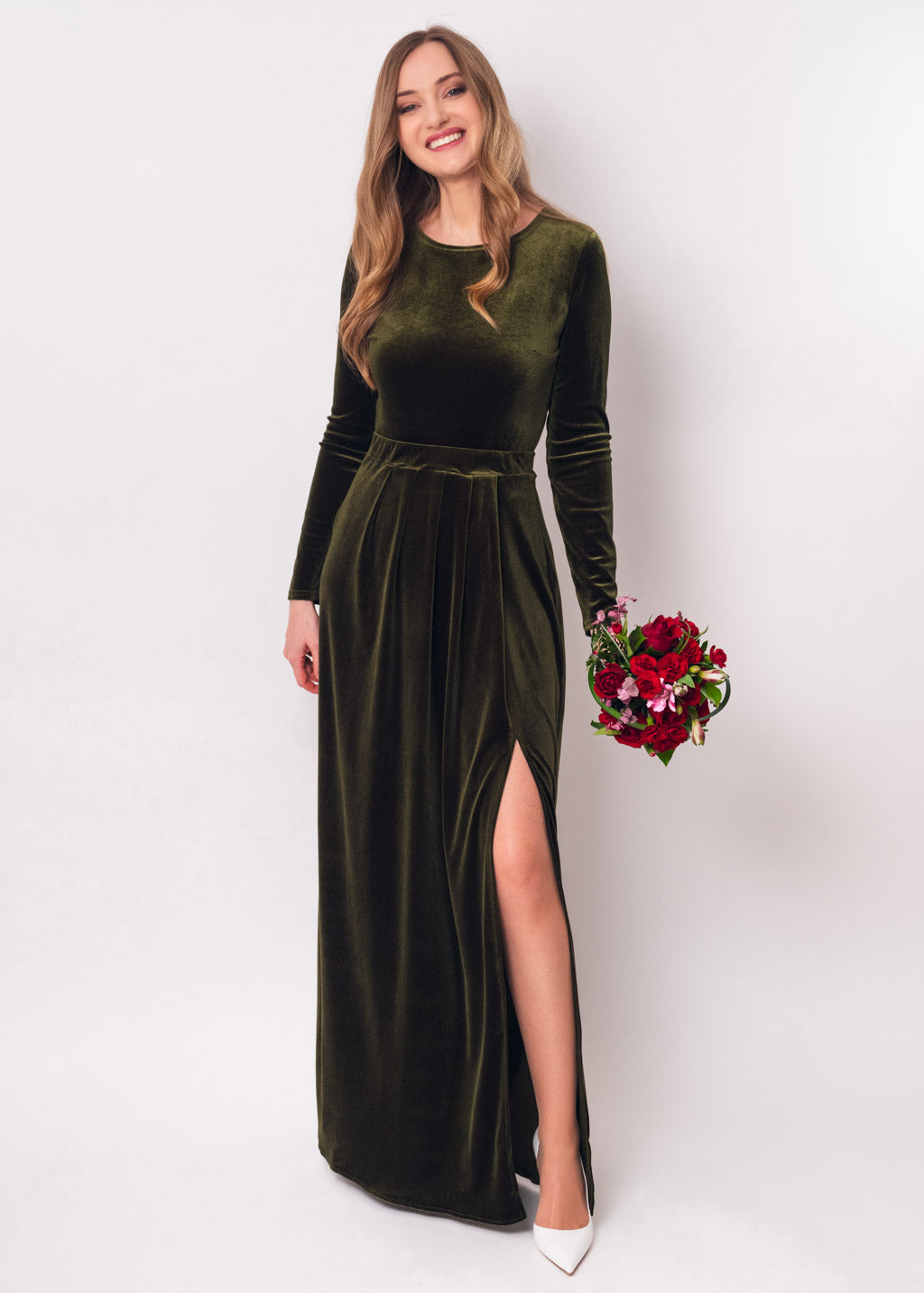 Olive green velvet slit dress