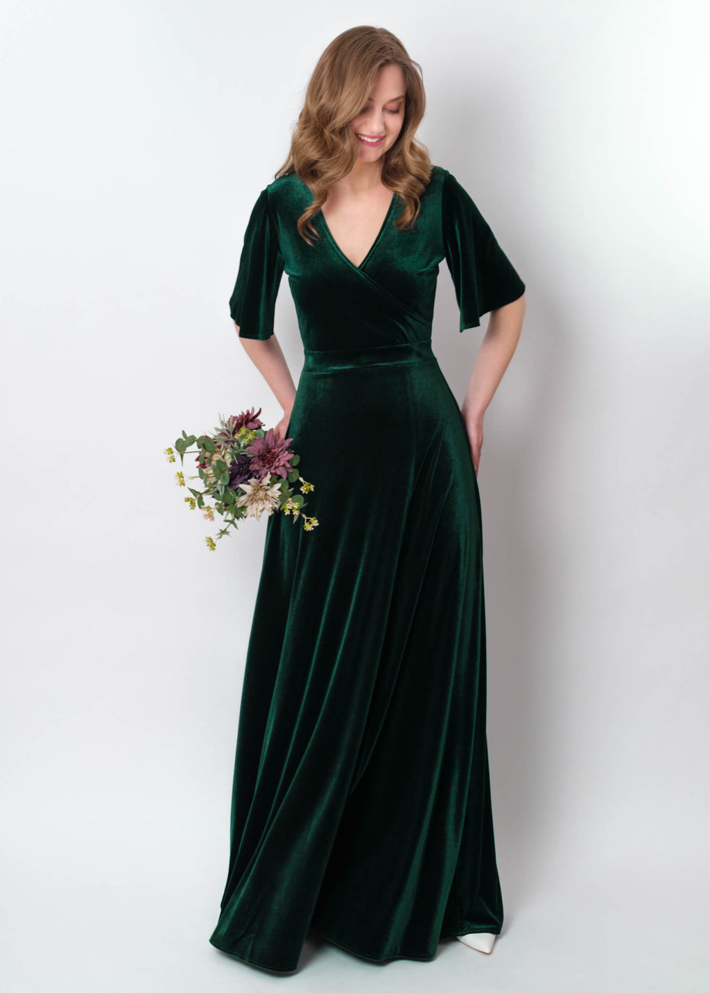Emerald green velvet wrap slit dress