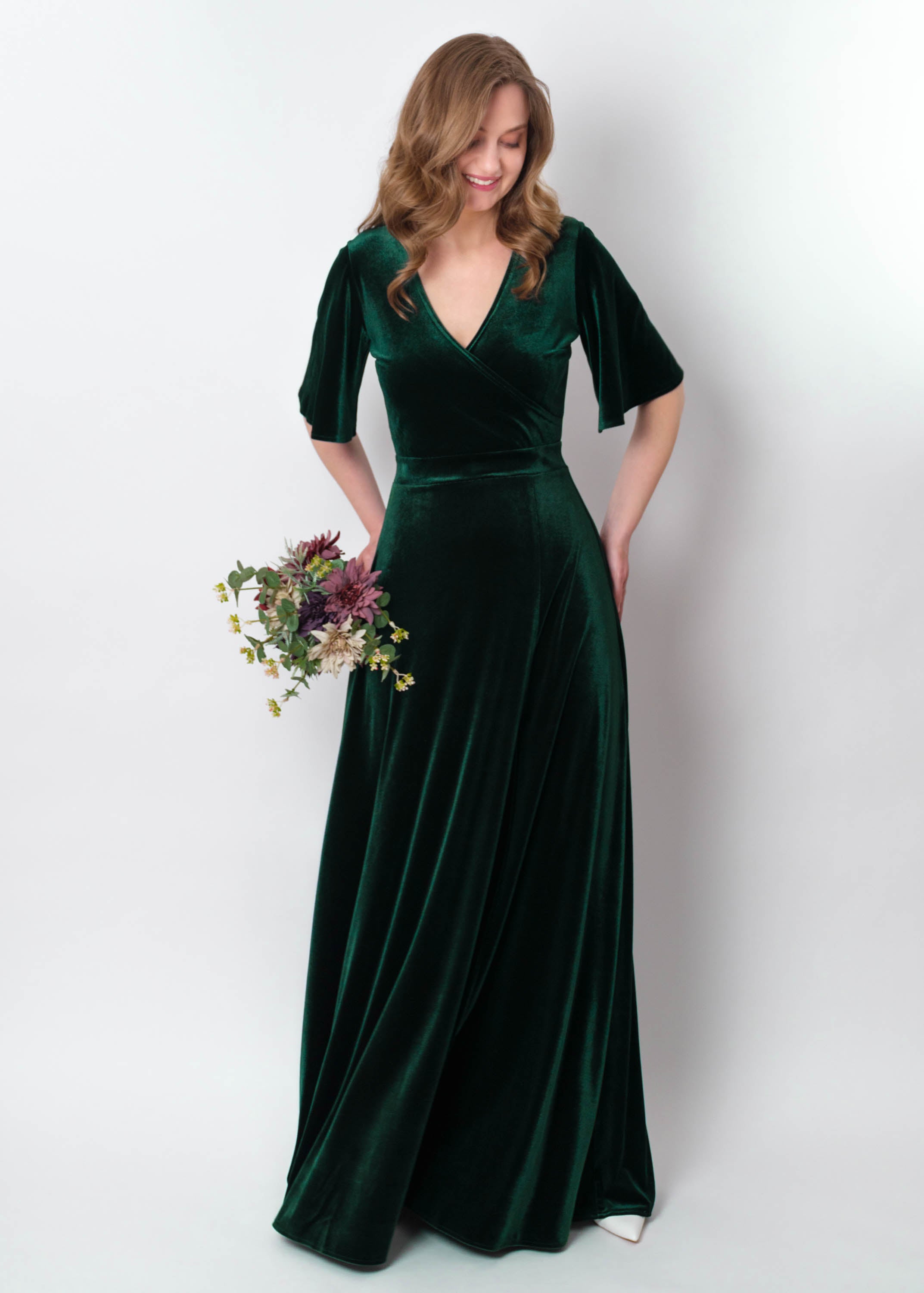 Emerald green velvet wrap slit dress
