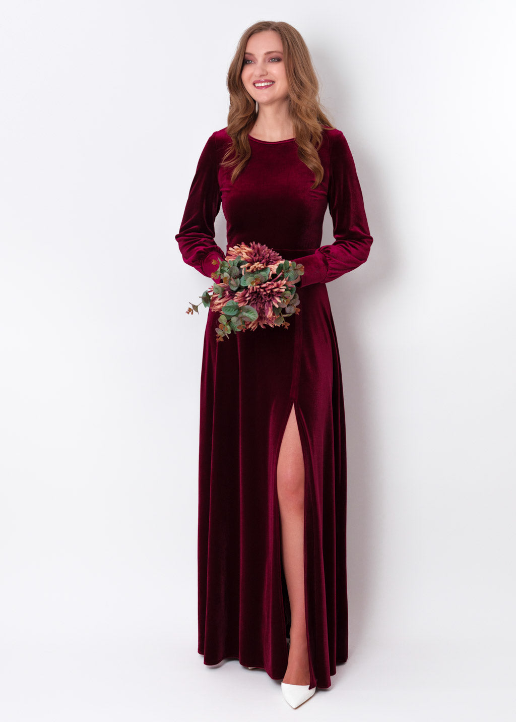 Plum burgundy velvet long slit dress