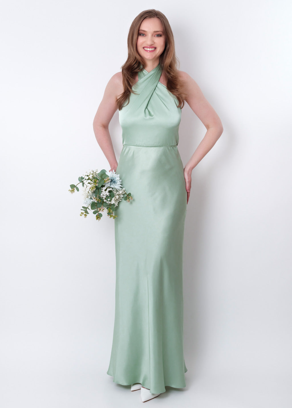 Light sage silk long halter dress