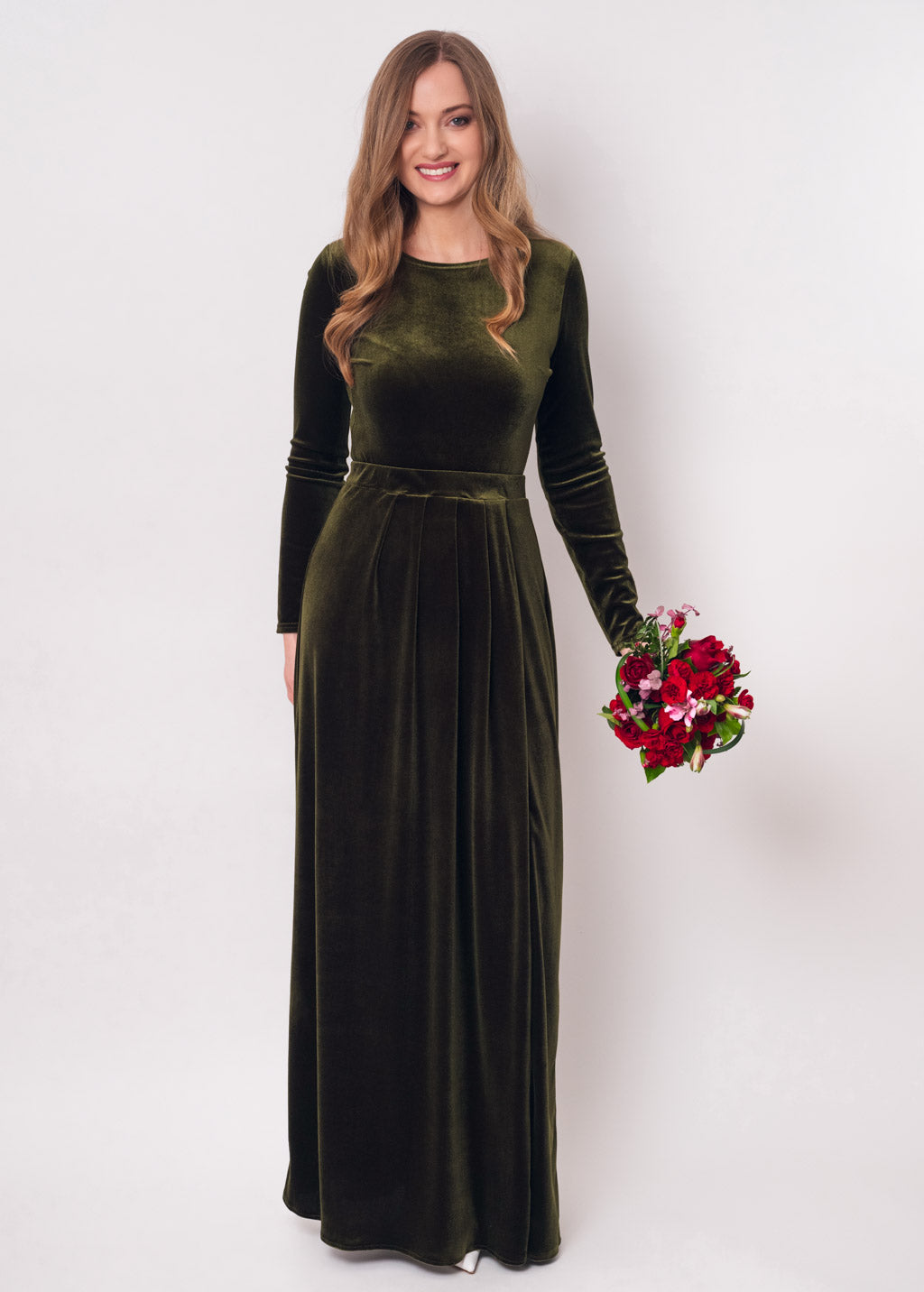 Olive green velvet long dress