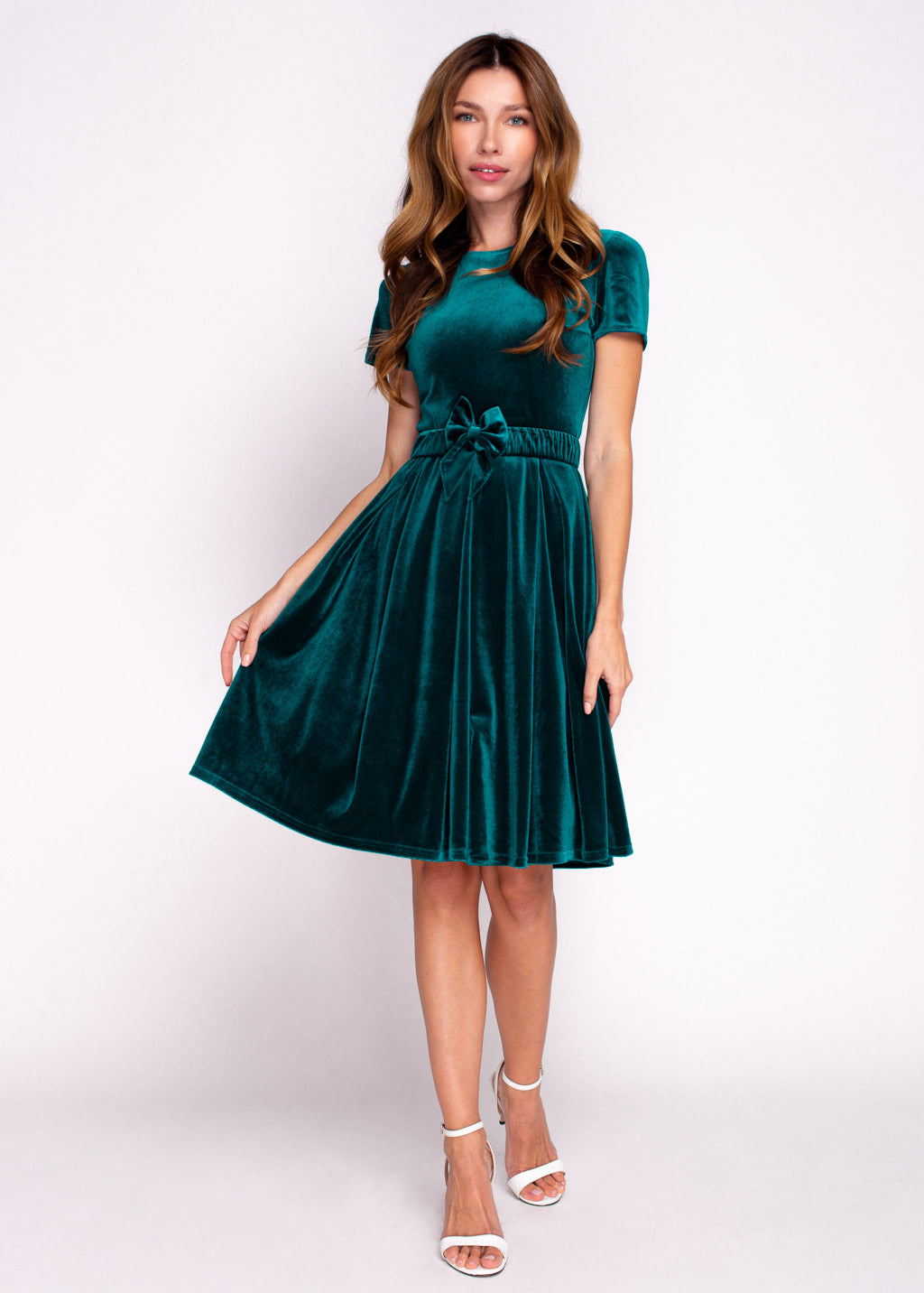 Teal green velvet dress with belt