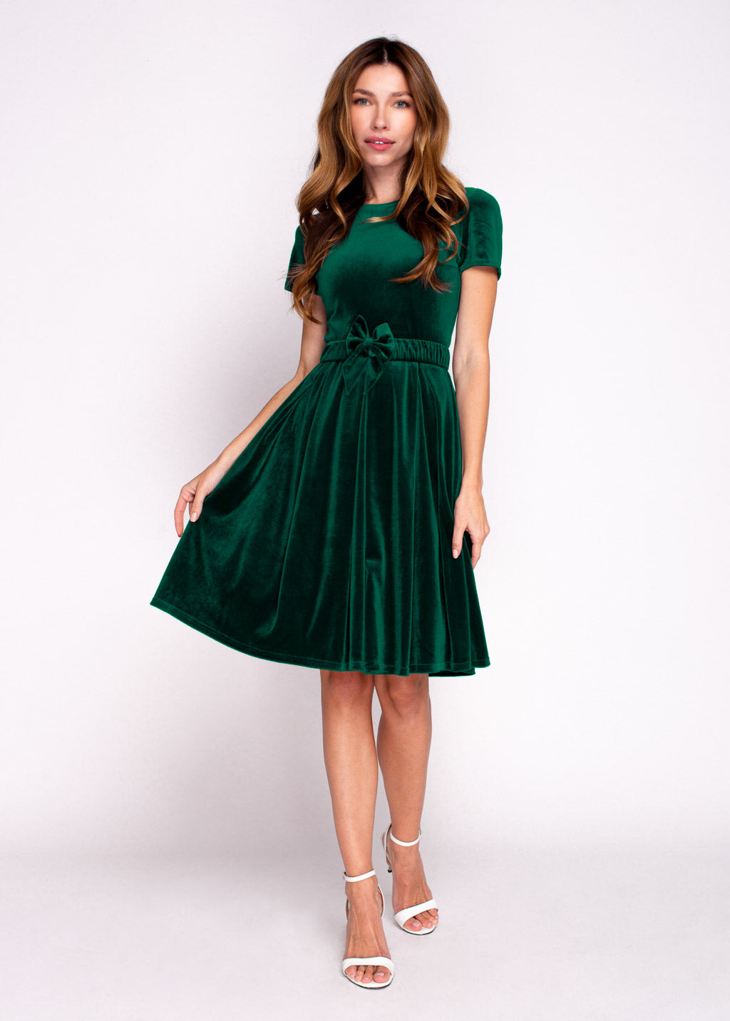 Emerald green velvet dress with belt