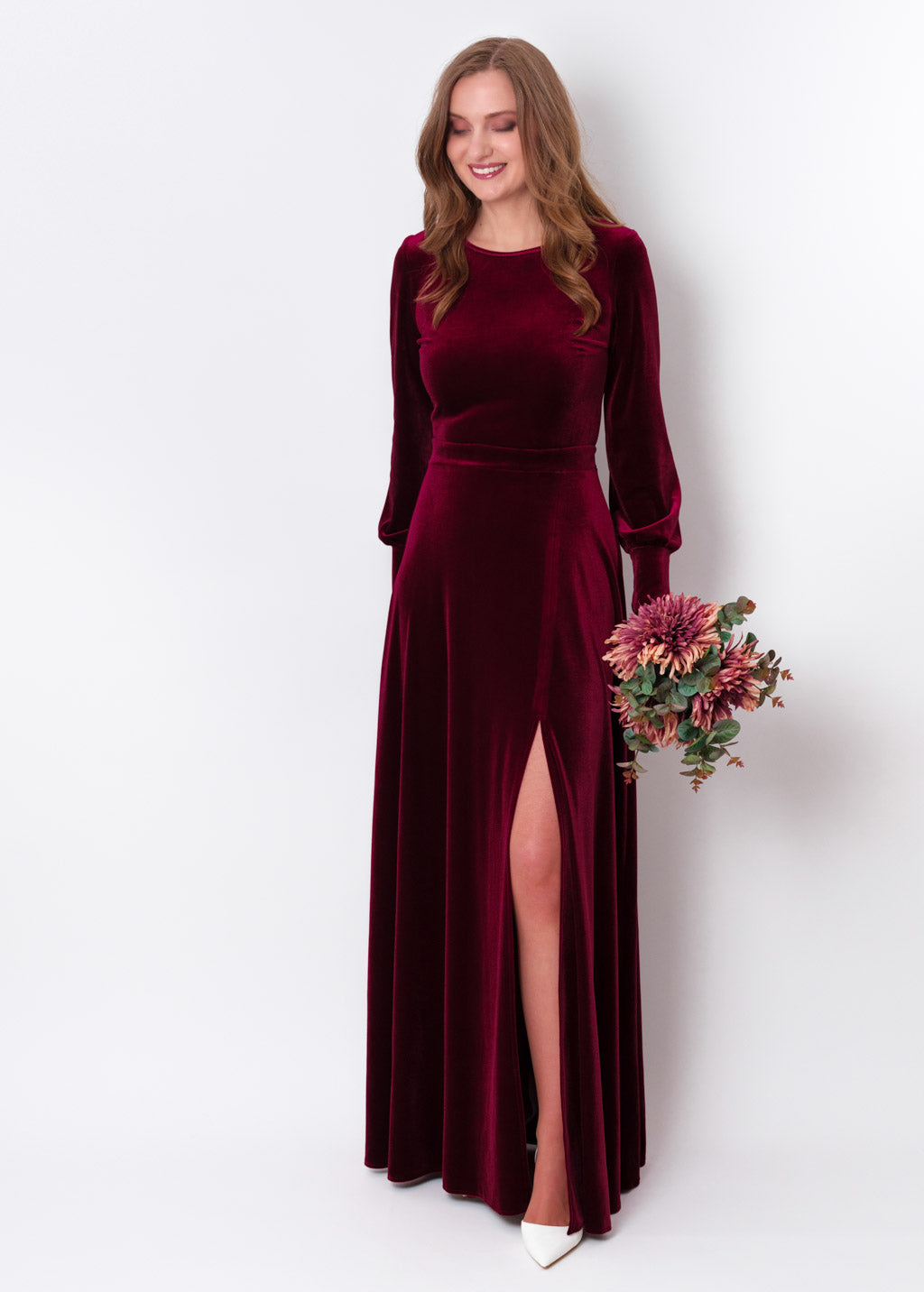 Plum burgundy velvet long slit dress
