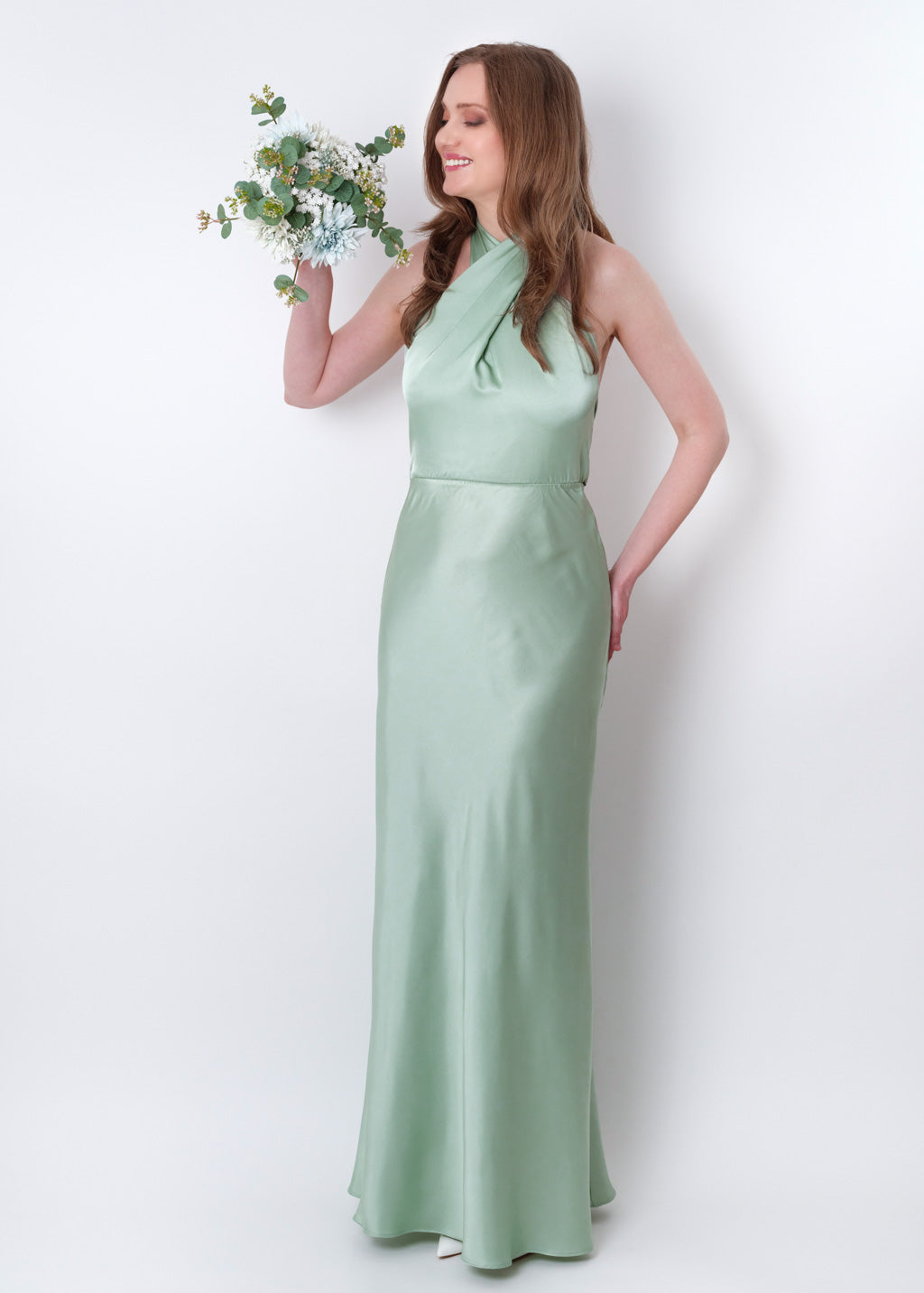 Light sage silk long halter dress
