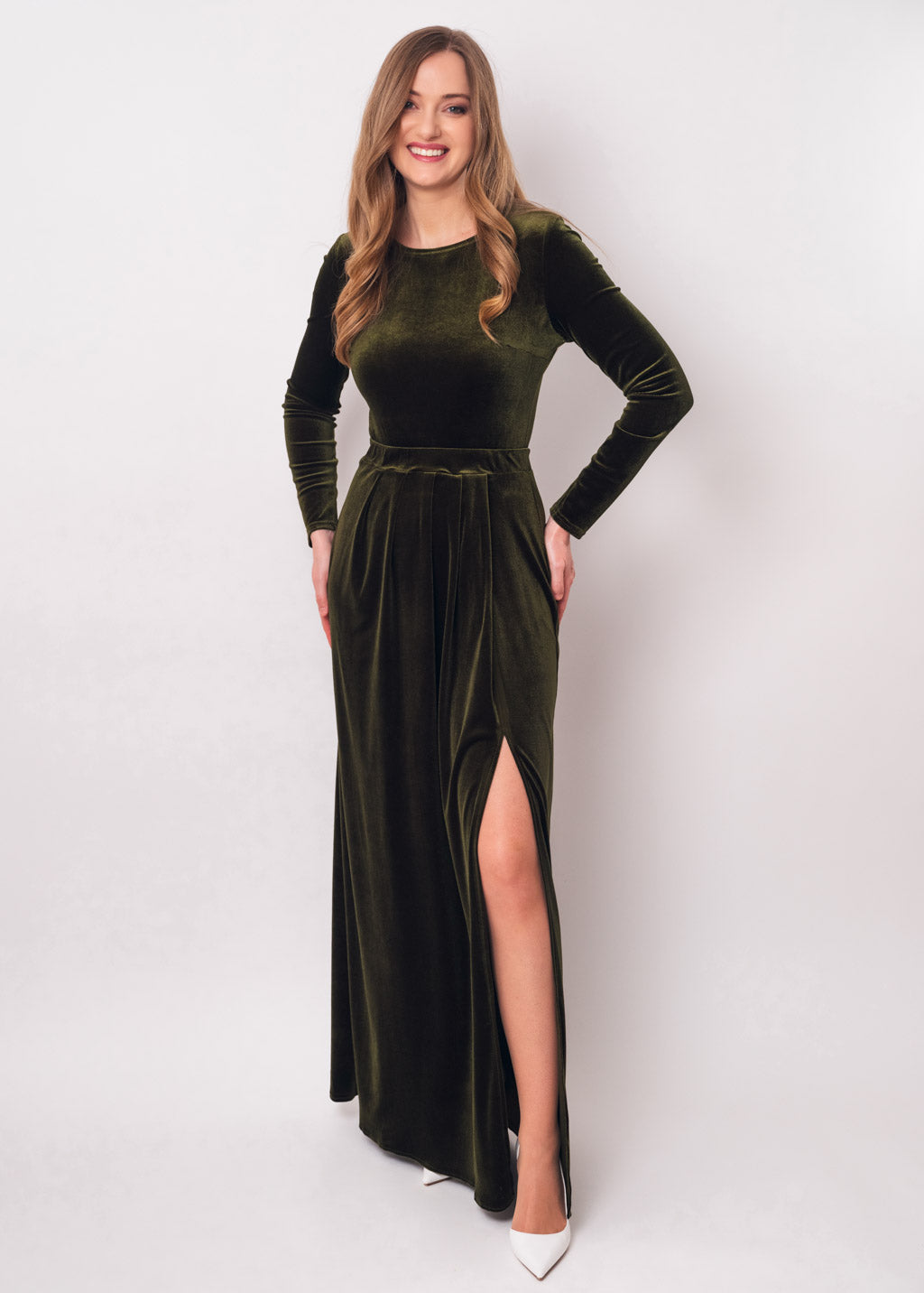 Olive green velvet long dress