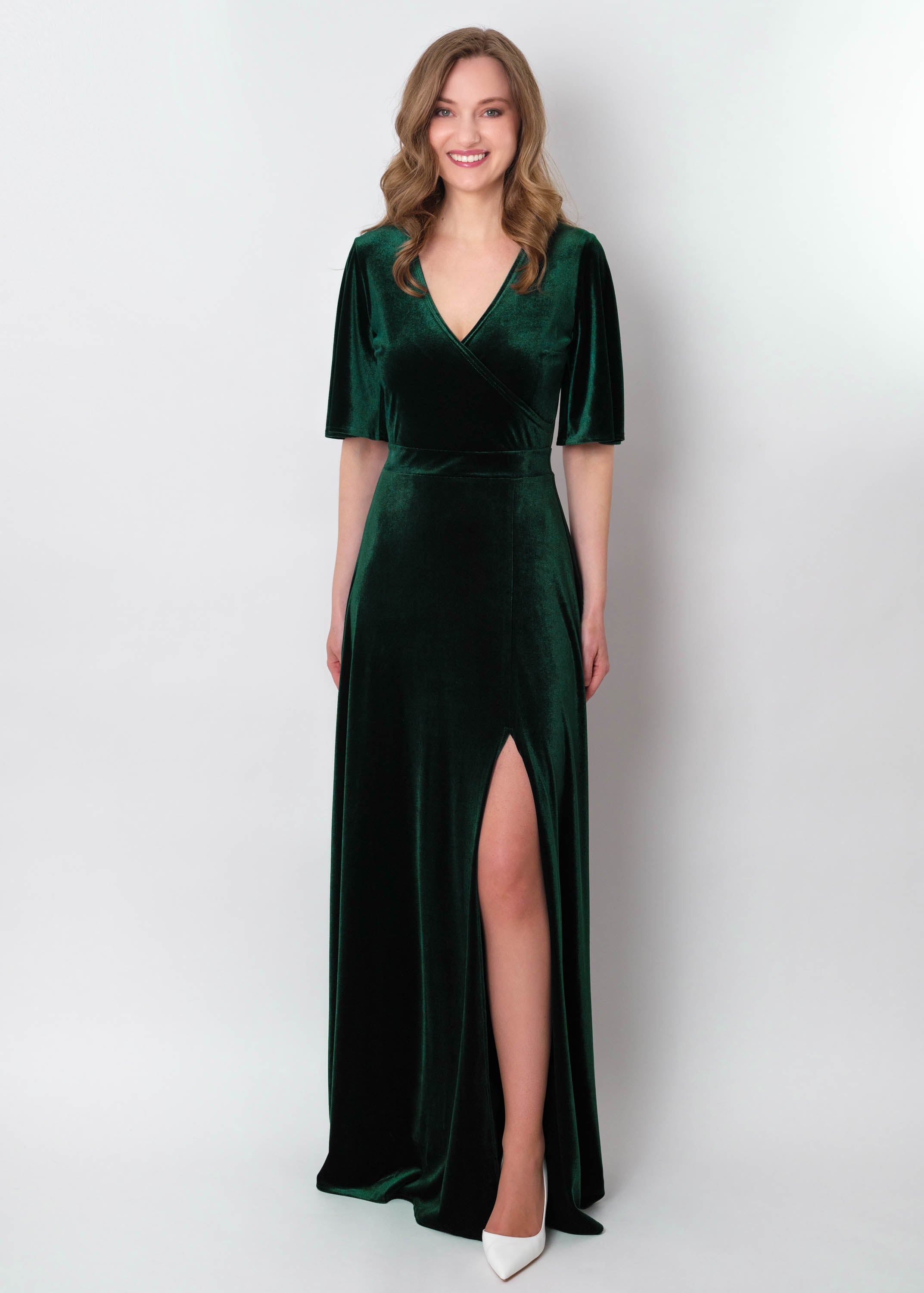 Emerald green velvet wrap slit dress
