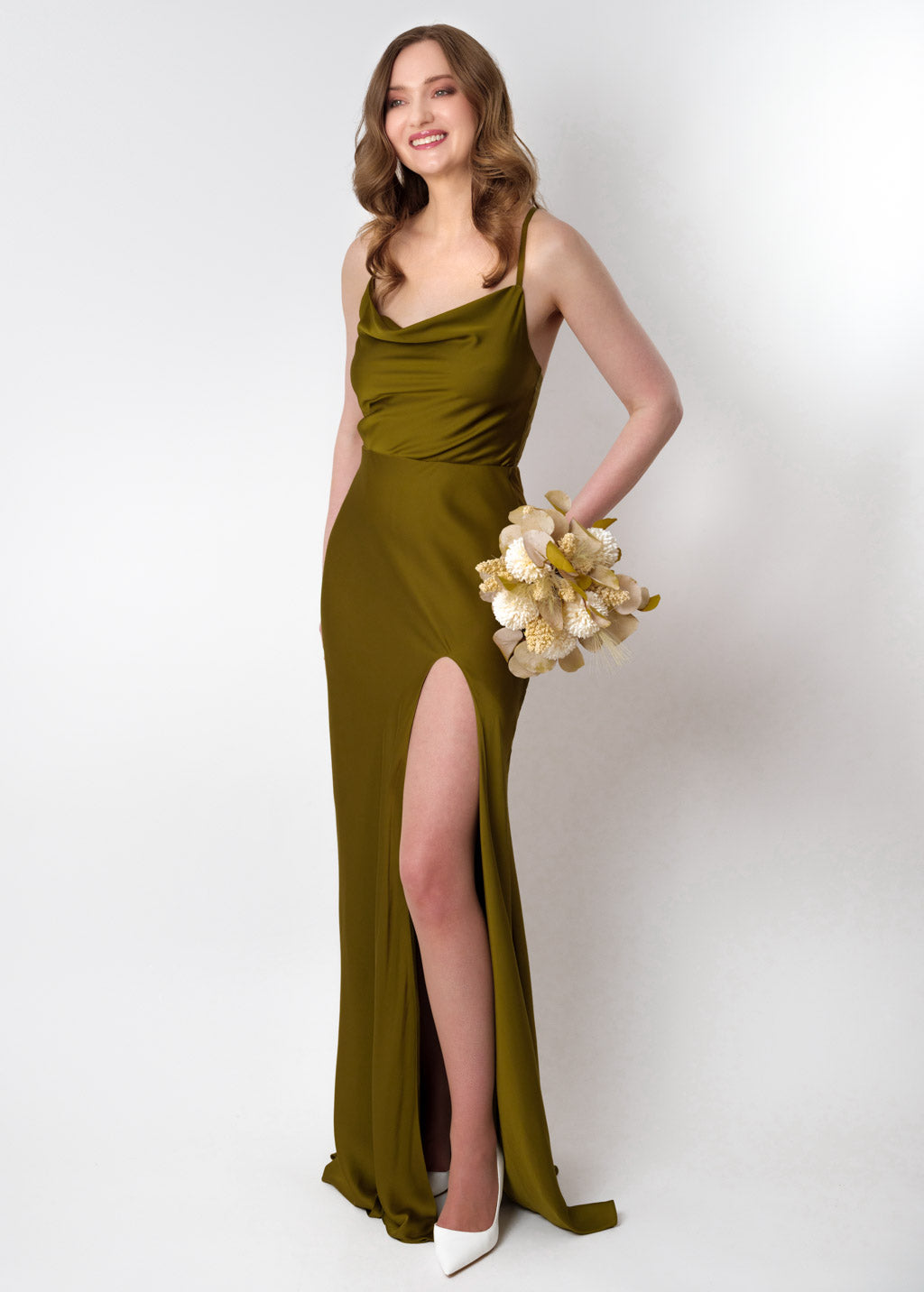 Olive silk slip slit dress