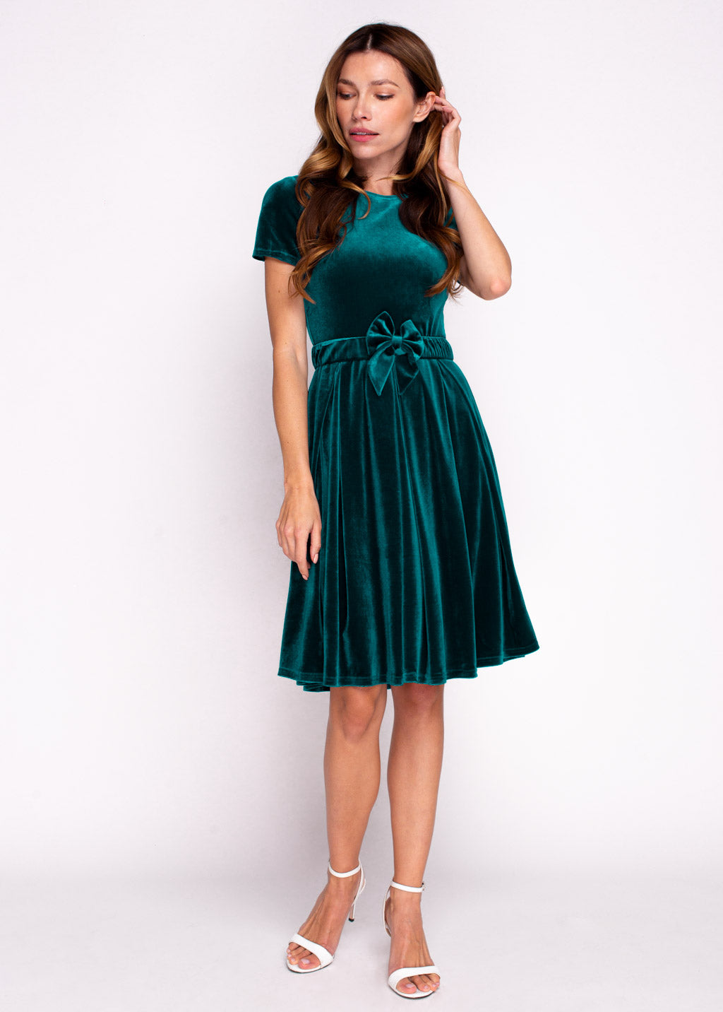 Teal green velvet dress with belt