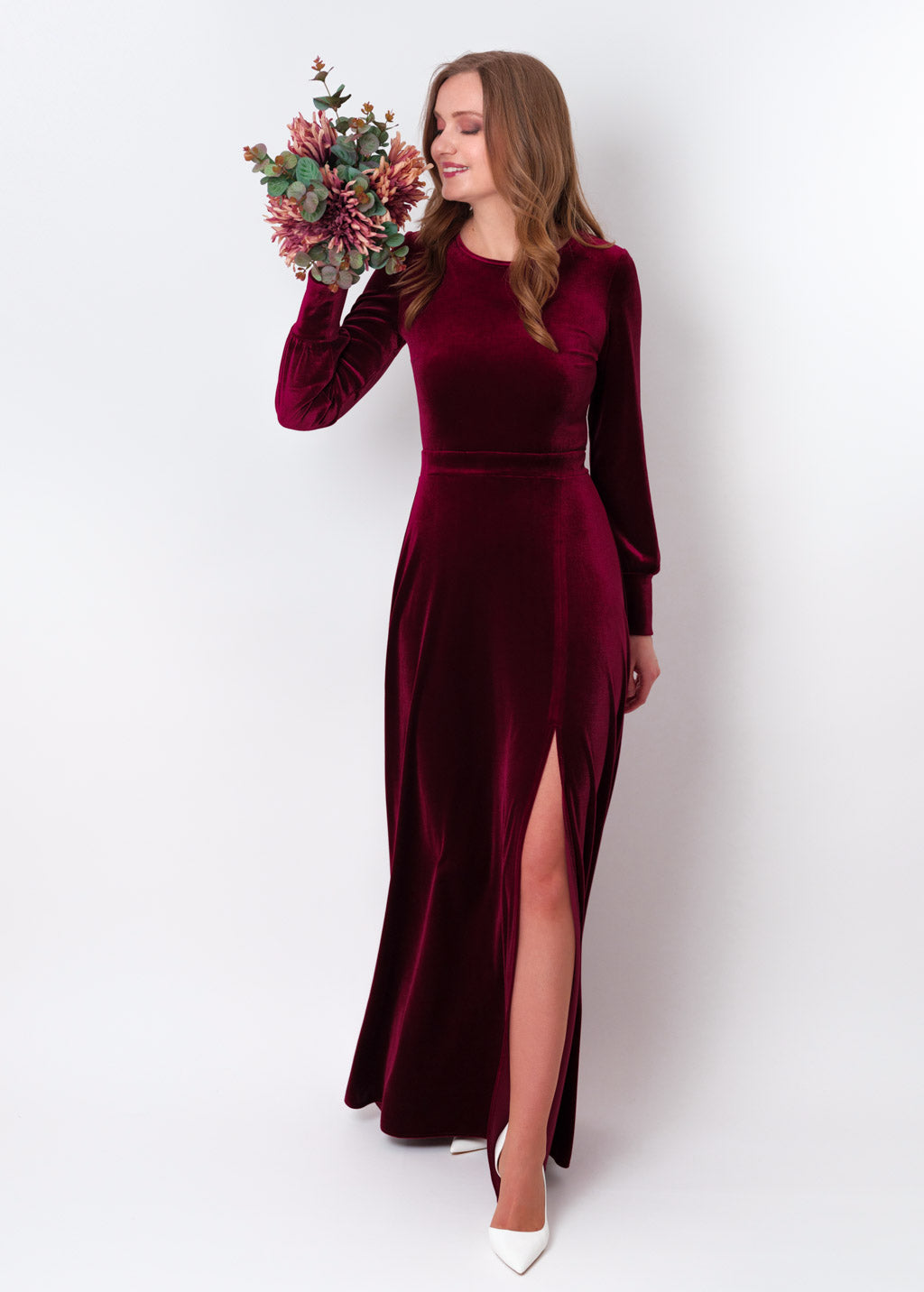 Plum burgundy velvet long slit dress