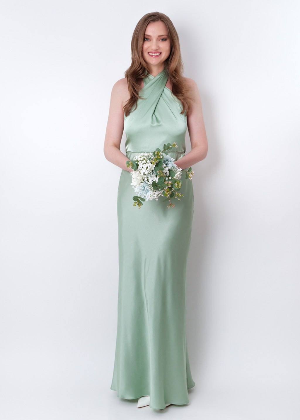 Light sage silk long halter dress