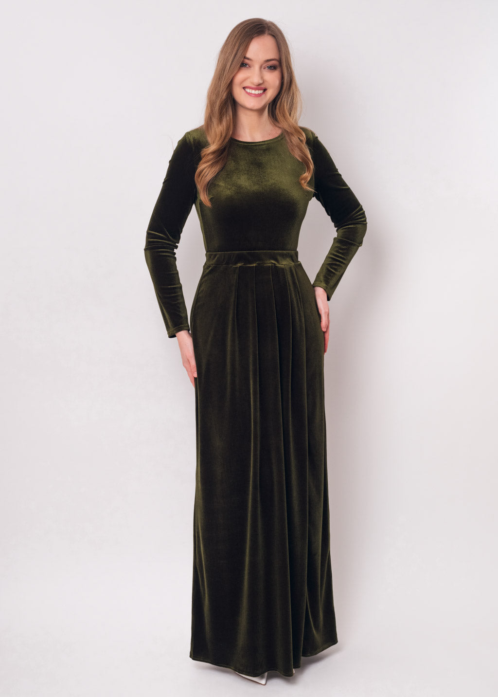 Olive green velvet slit dress