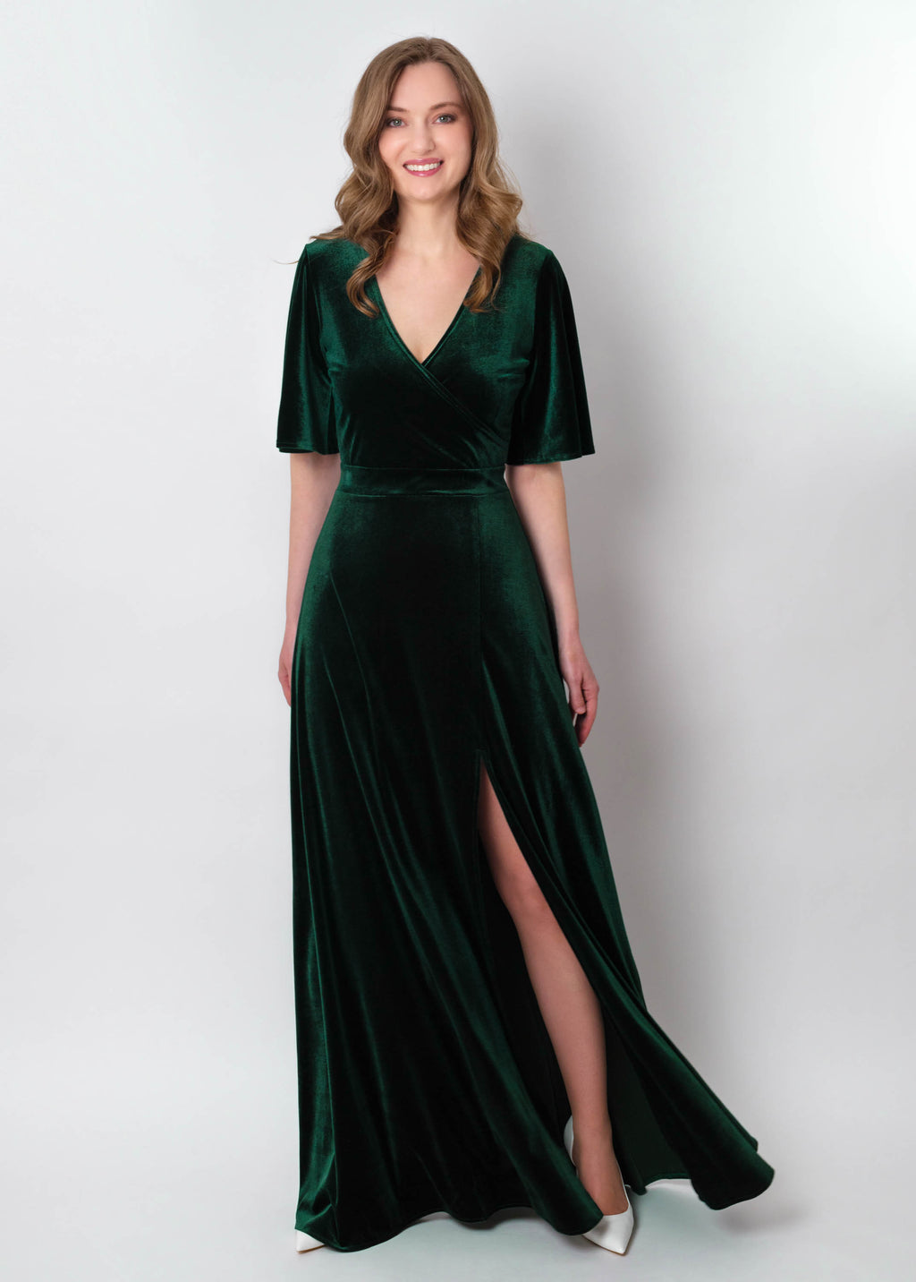 Emerald green velvet wrap slit dress