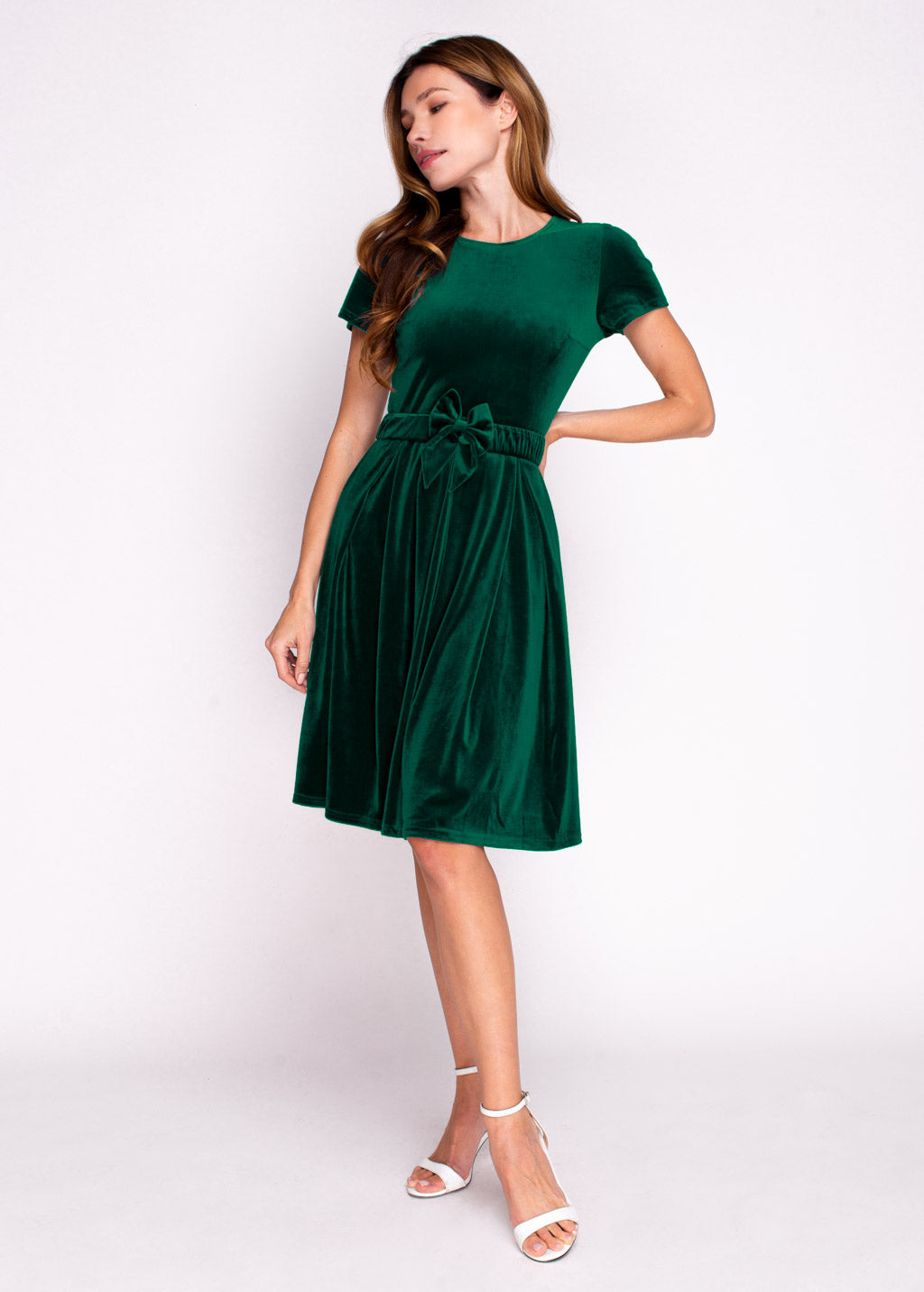 Emerald green velvet dress with belt