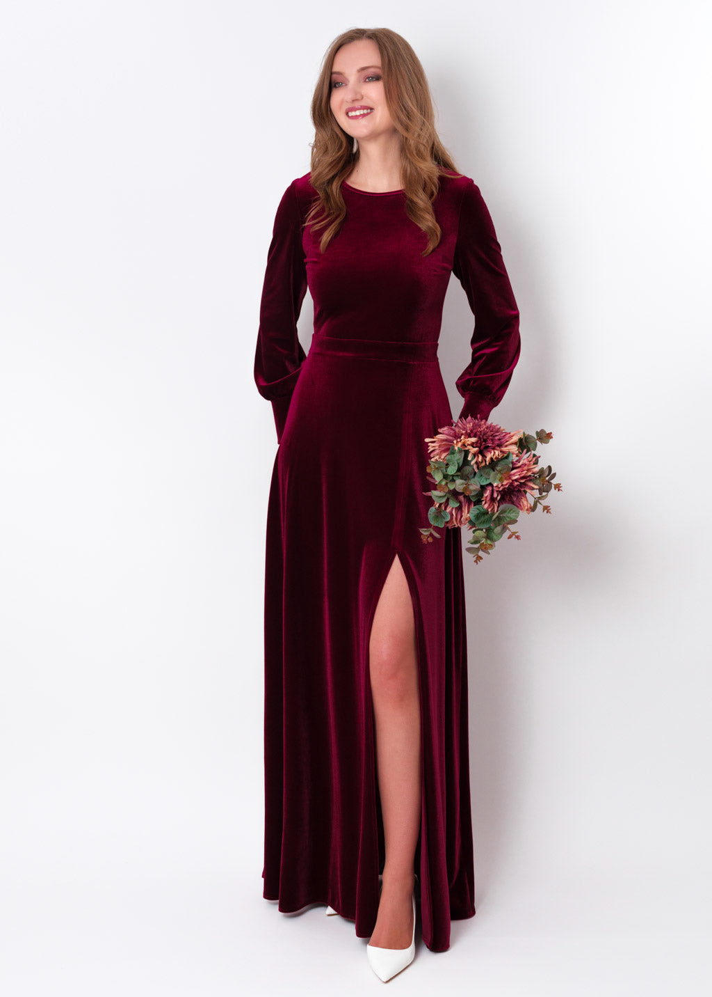 Plum burgundy velvet long slit dress