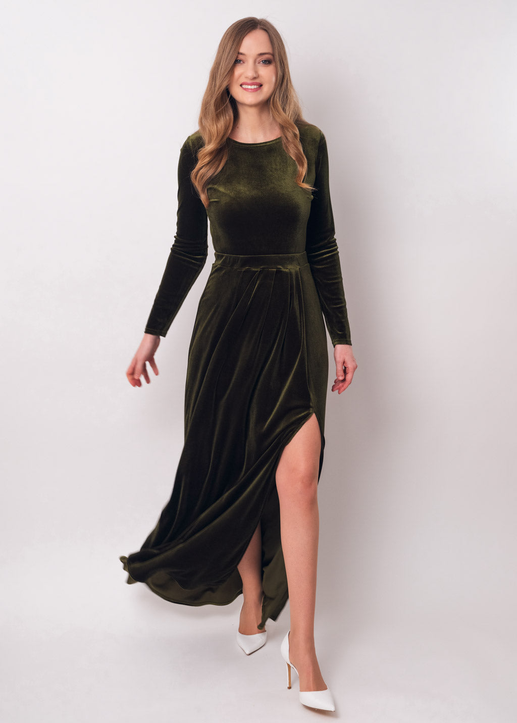 Olive green velvet long dress