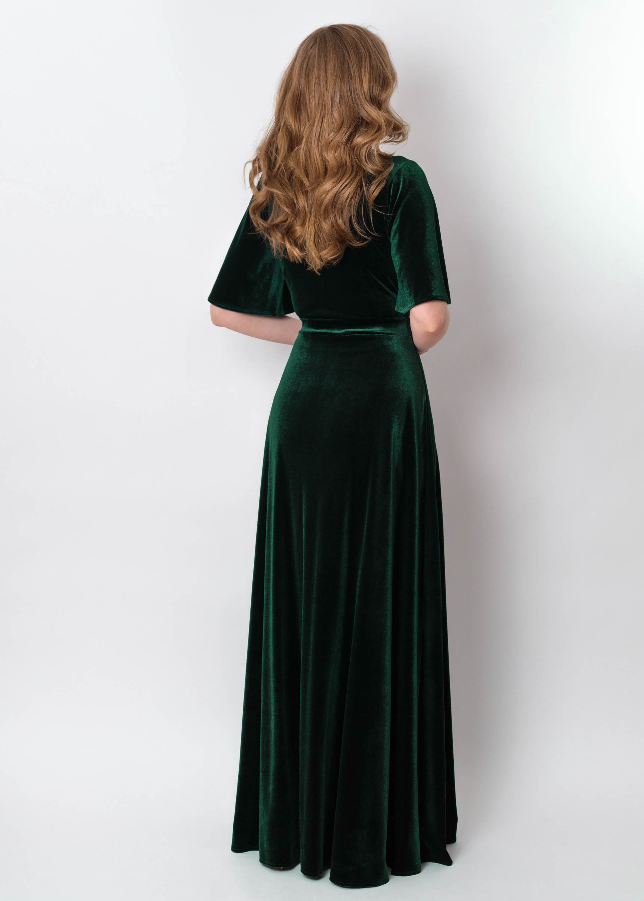 Emerald green velvet wrap slit dress