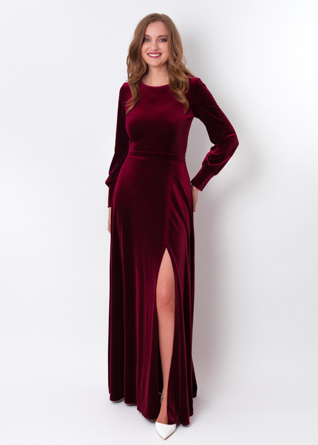 Plum burgundy velvet long slit dress
