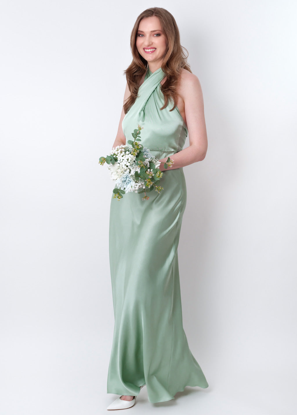 Light sage silk long halter dress